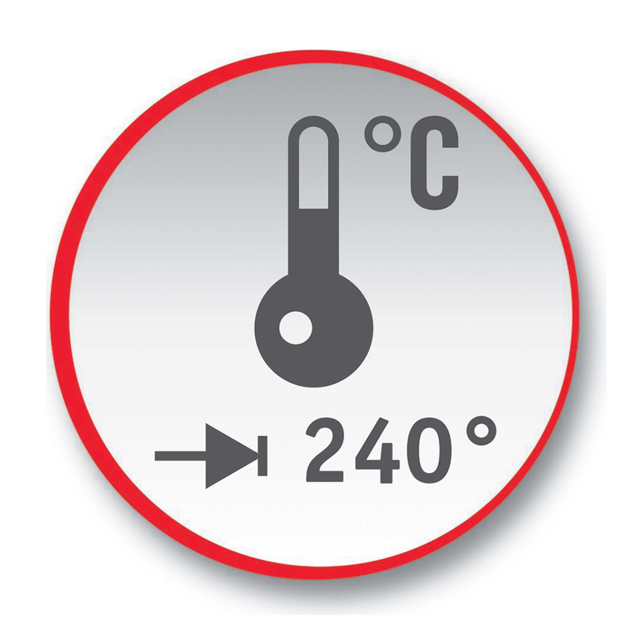 Un'icona circolare con un termometro, una freccia e il numero 240. Bordo rosso.