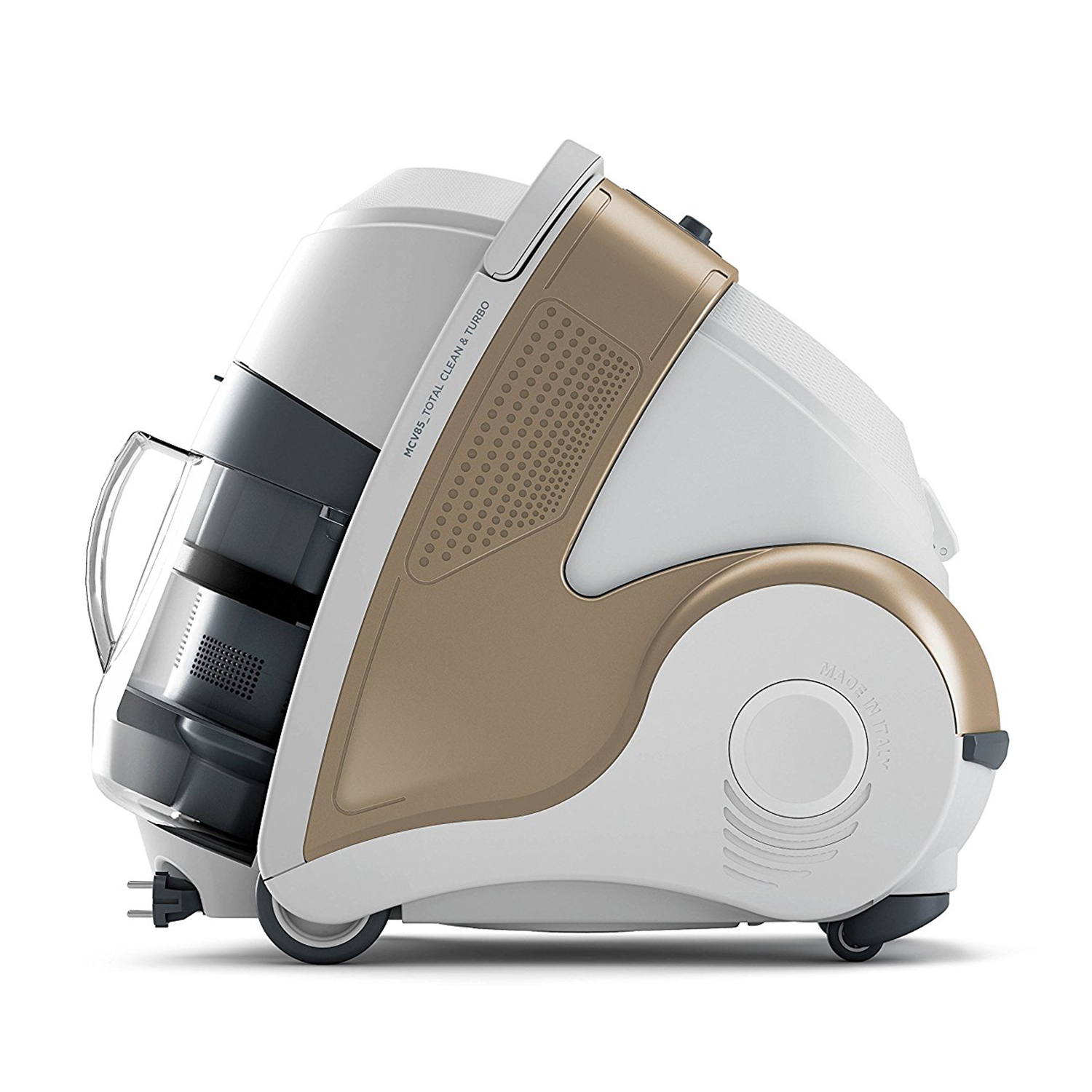 Aspirapolvere con un design bianco e oro.