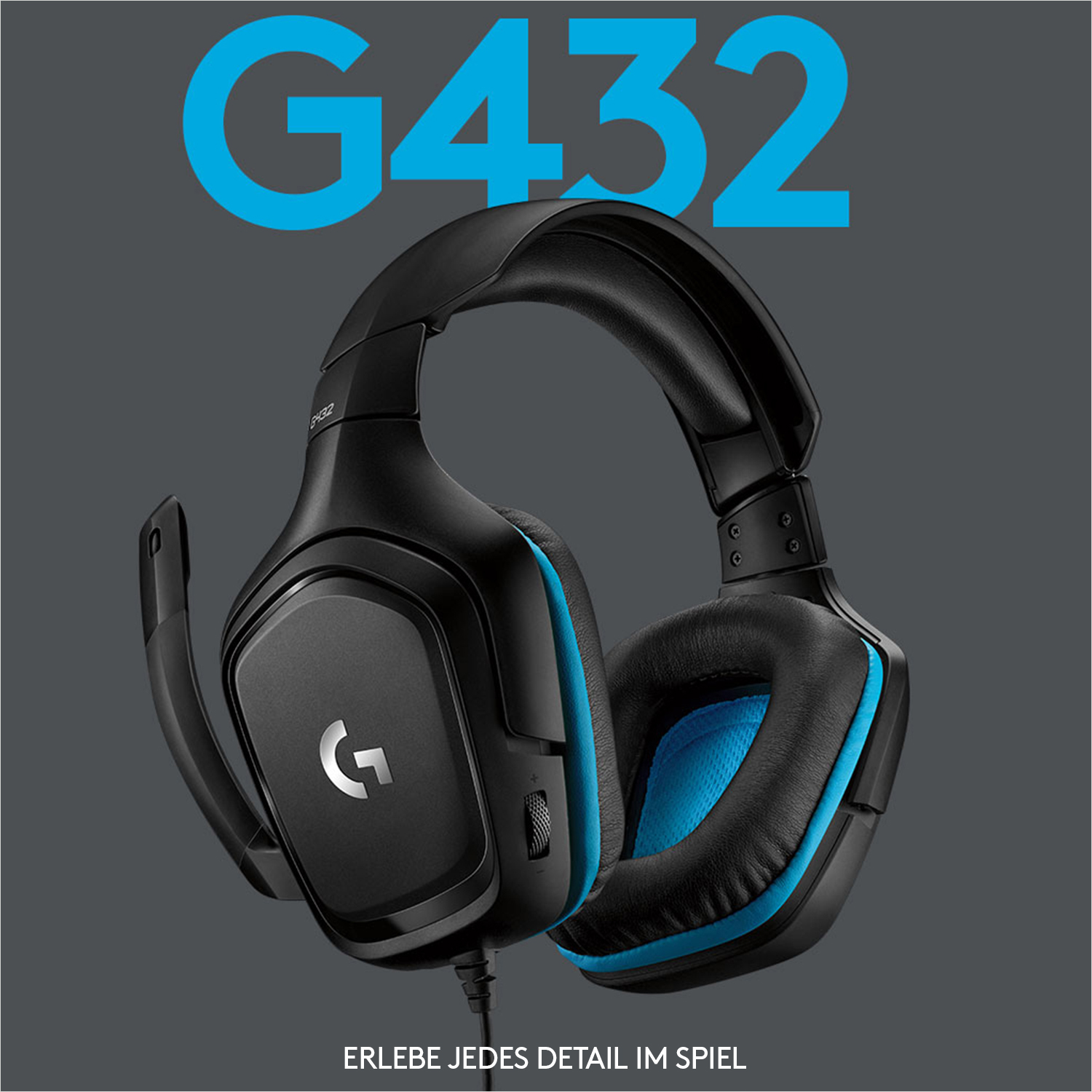 Schwarzes und blaues Gaming-Headset mit Mikrofon, das Logo befindet sich links.
