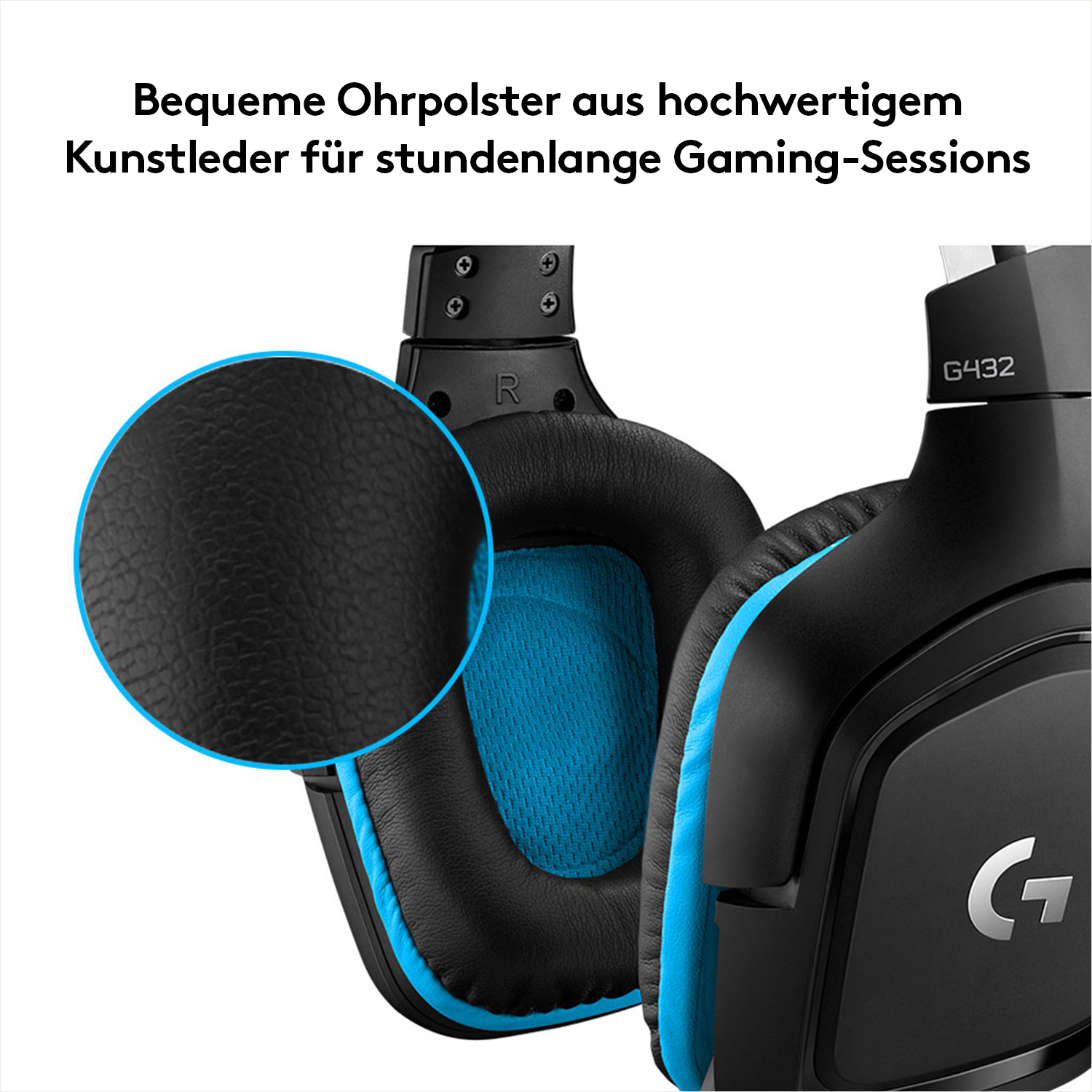 Nahaufnahme der schwarzen und blauen Ohrpolster eines Gaming-Headsets.