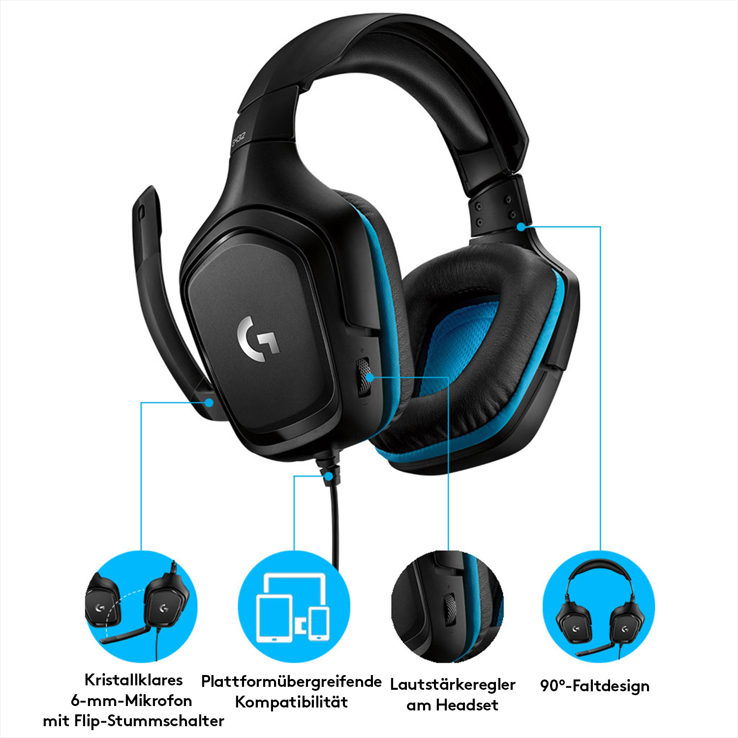 Schwarzes und blaues Gaming-Headset mit Mikrofon und Bedienelementen, mit Symbolen, die Funktionen zeigen.