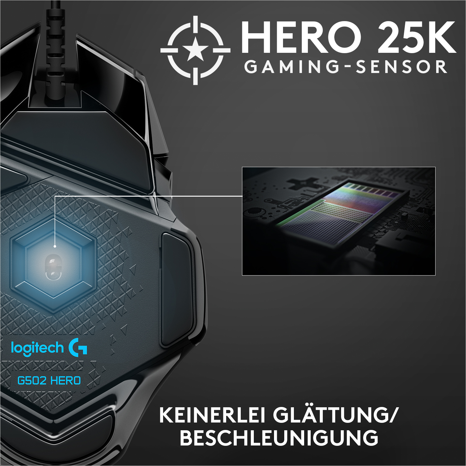 Nahaufnahme einer schwarzen Gaming-Maus mit dem Logitech G-Logo und dem HERO 25K Sensor-Text.