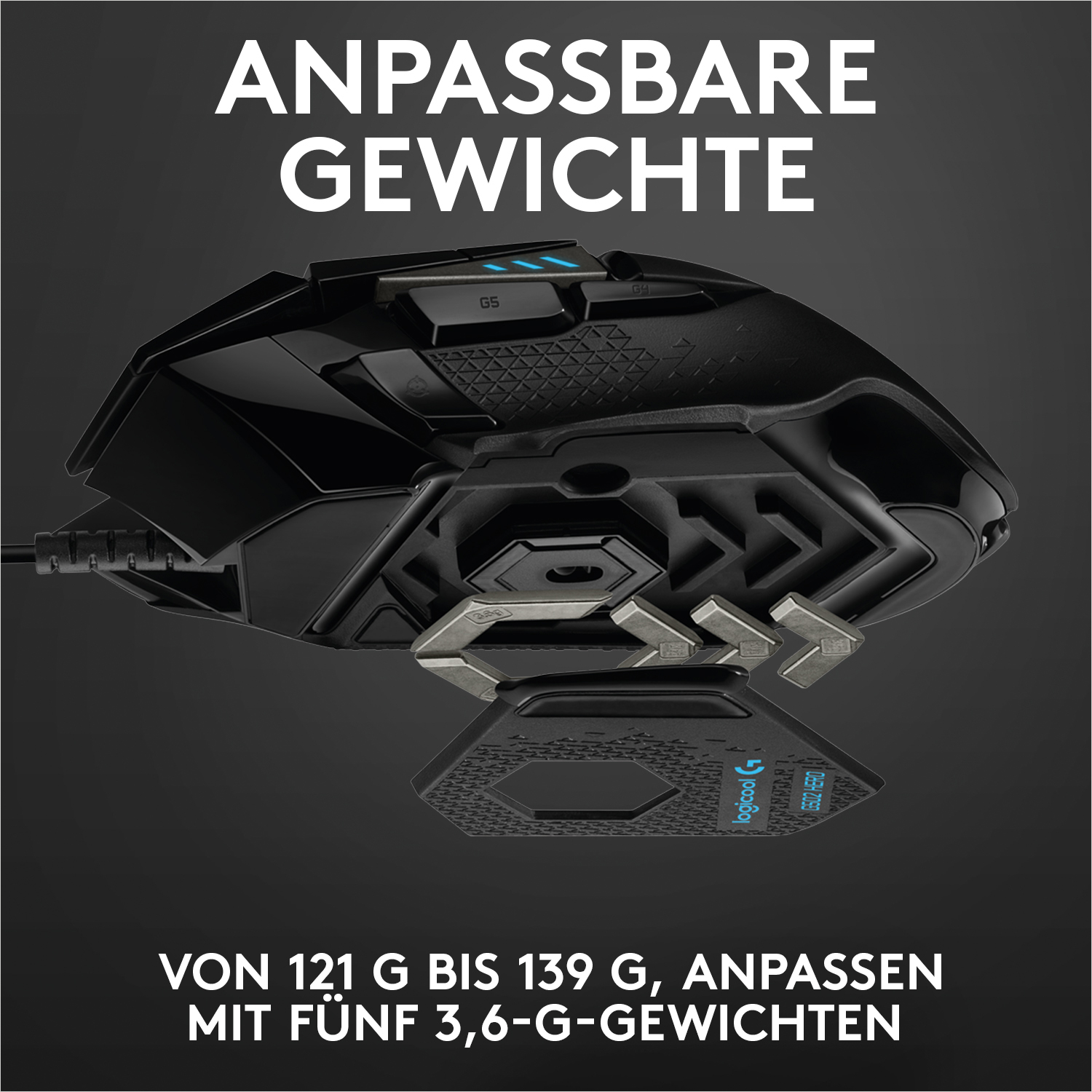 Eine schwarze Gaming-Maus mit einstellbaren Gewichten. Die Maus hat sichtbare Einstellschlitze.