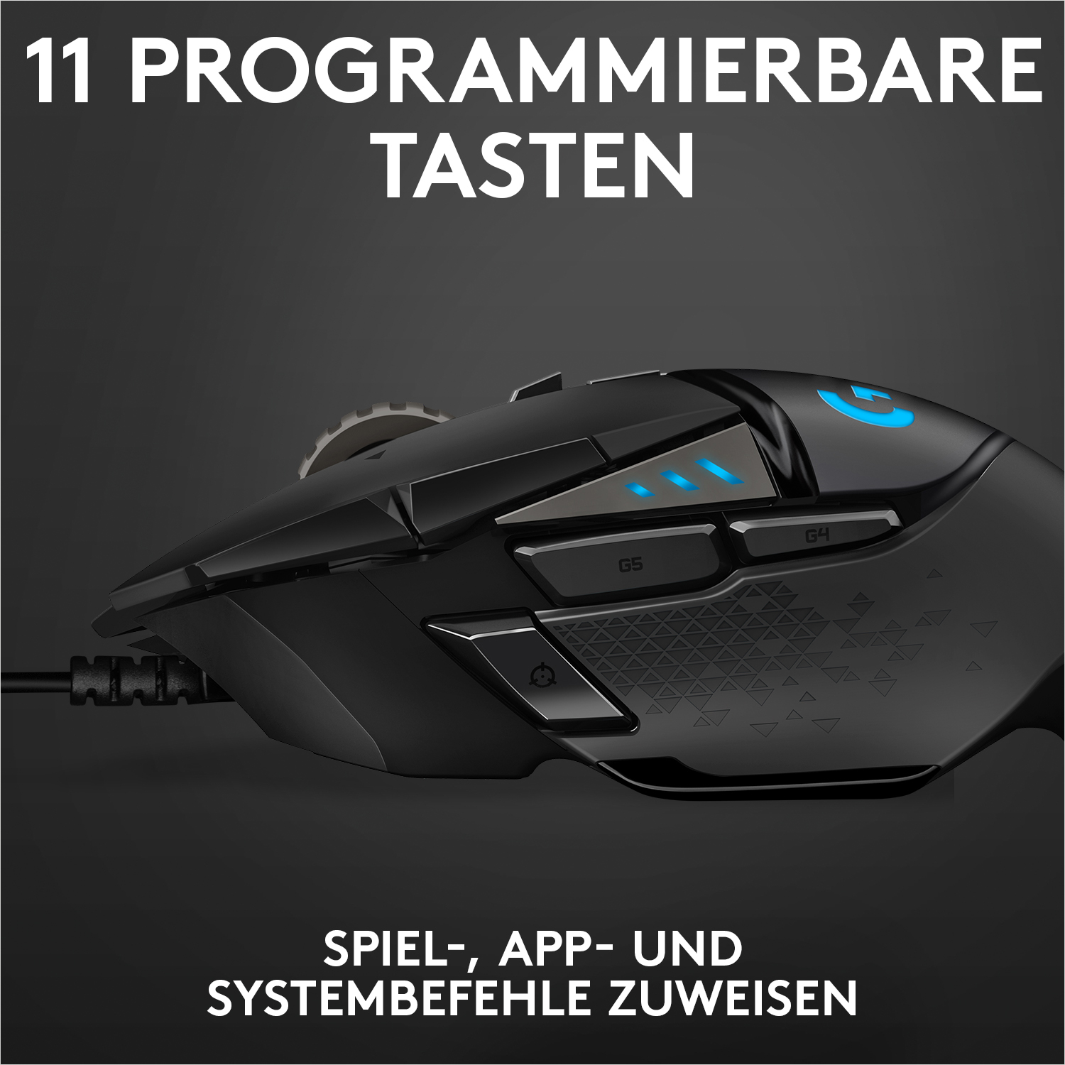 Schwarze Gaming-Maus mit Tasten. Text: 11 programmierbare Tasten. Weißer Hintergrund.