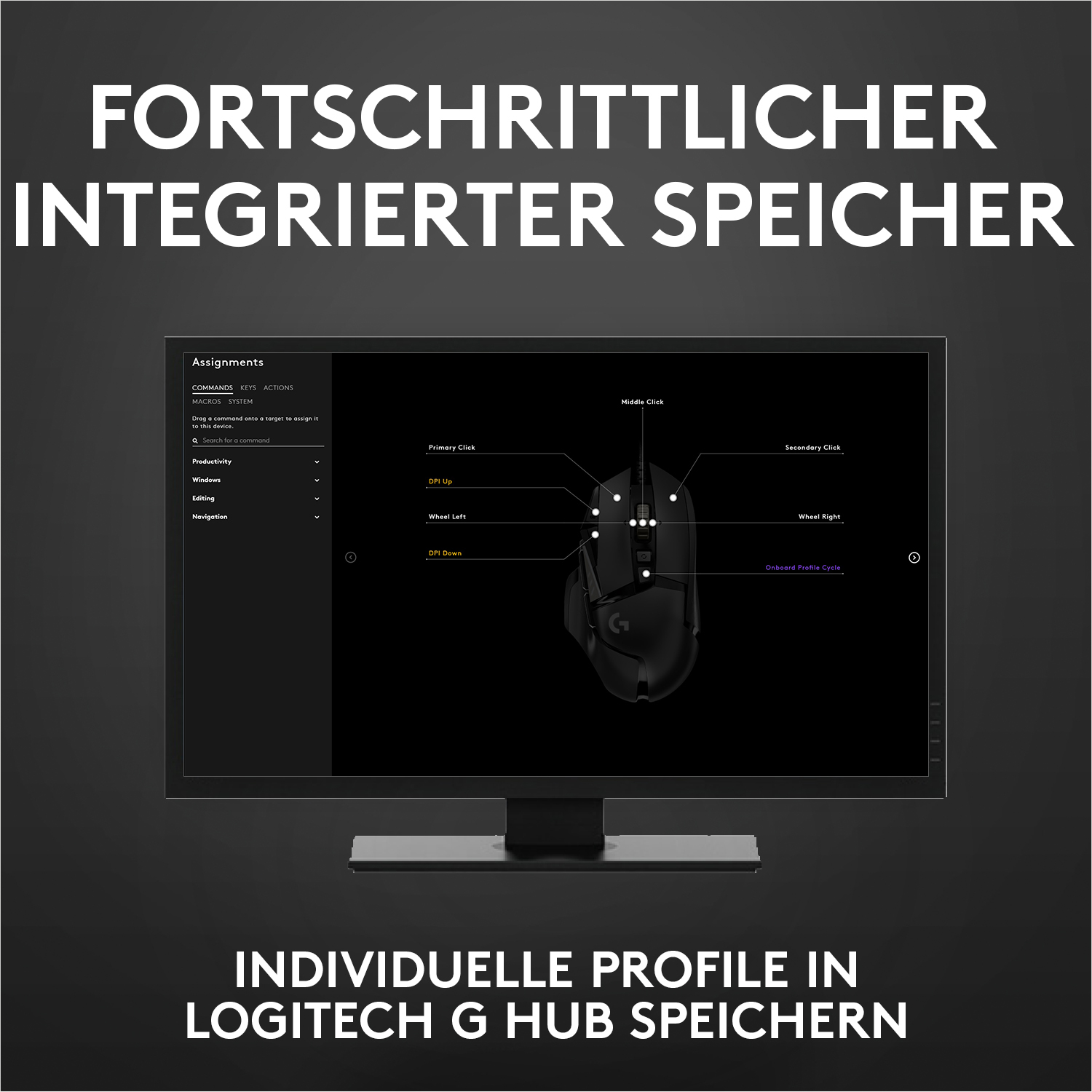 Ein schwarzer Computermonitor zeigt eine Mauskonfigurationsschnittstelle. Der Text oben lautet: FORTSCHRITTLICHER INTEGRIERTER SPEICHER.