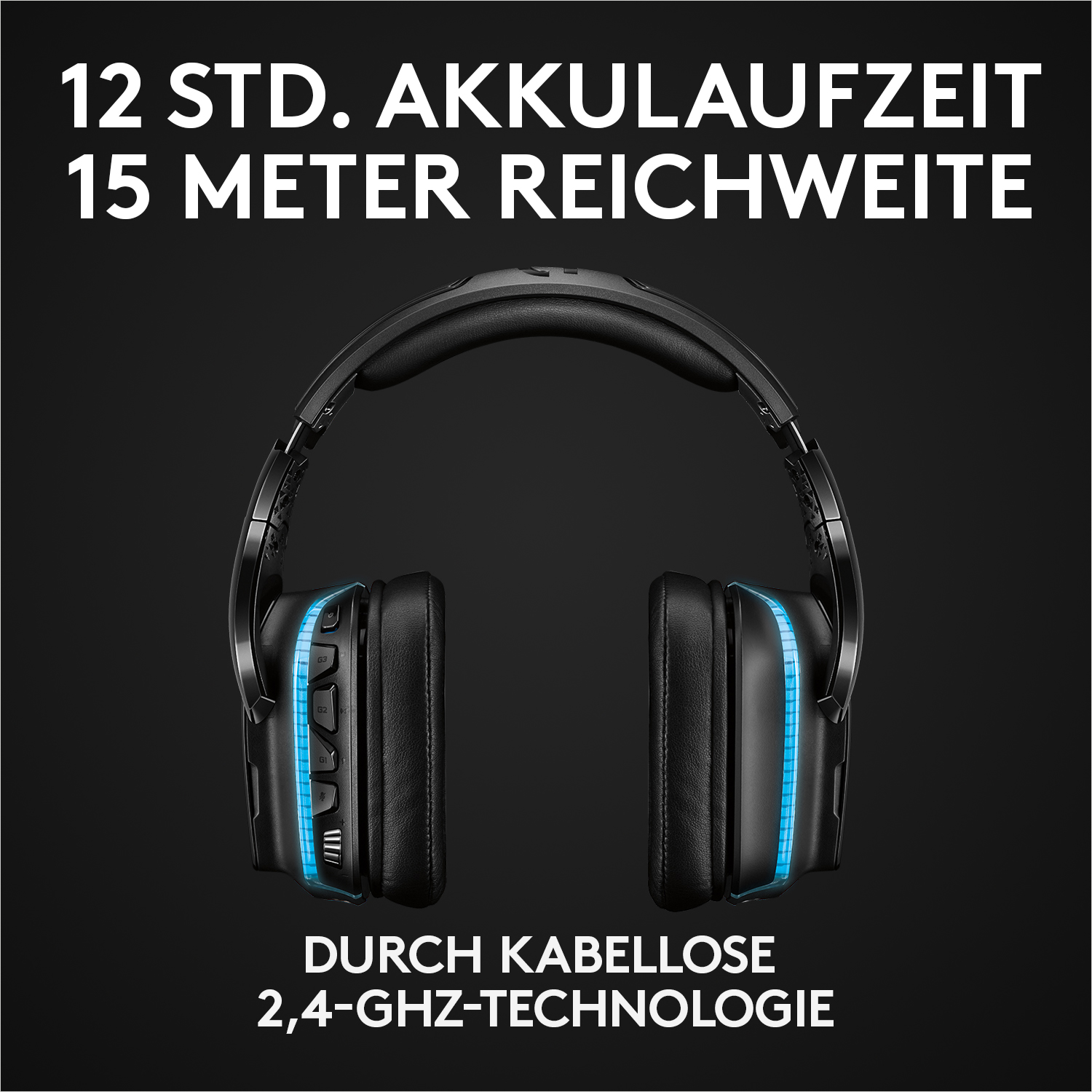 Schwarze Kopfhörer mit blauen Lichtern, Text über Akkulaufzeit und Funktechnologie.