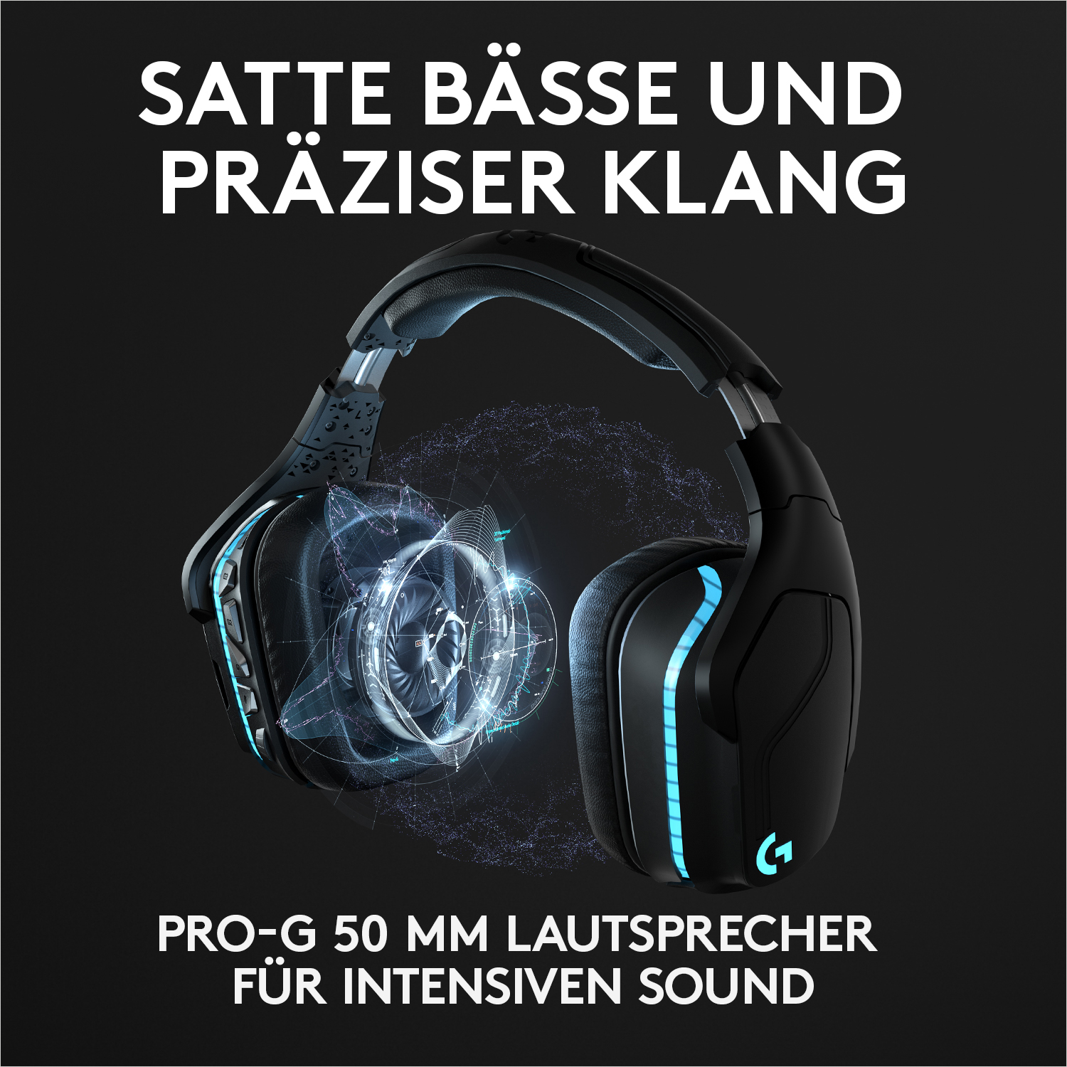 Schwarze und blaue Gaming-Kopfhörer mit Text über Klangqualität auf dunklem Hintergrund.