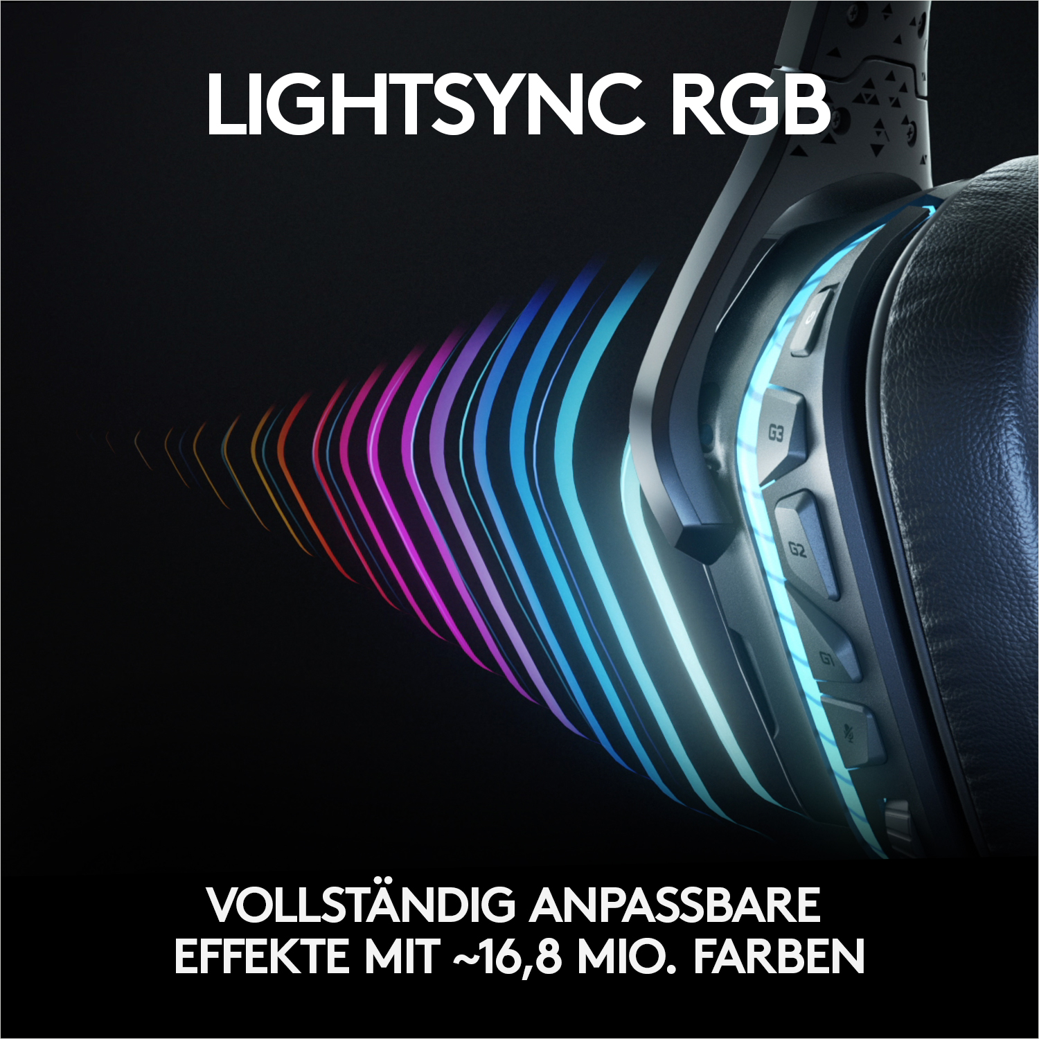 Gaming-Headset mit beleuchteten RGB-Lichtern, Nahaufnahme, mit Text: LightSync RGB.