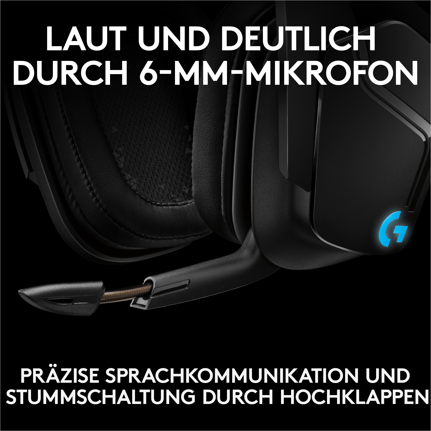 Schwarzes Gaming-Headset mit Text. Zeigt ein Mikrofon und ein beleuchtetes 'G'-Logo.