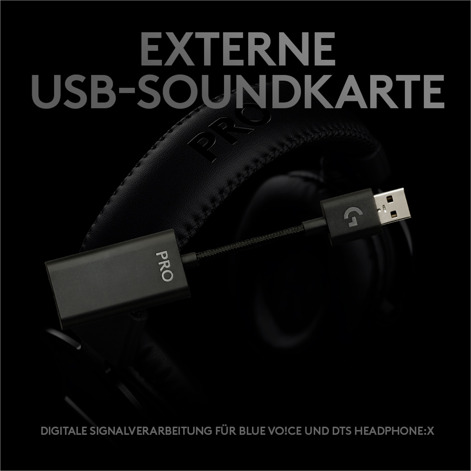 Ein schwarzer Adapter verbindet Kopfhörer mit einem USB-Anschluss. Text: 'EXTERNE USB-SOUNDKARTE'.