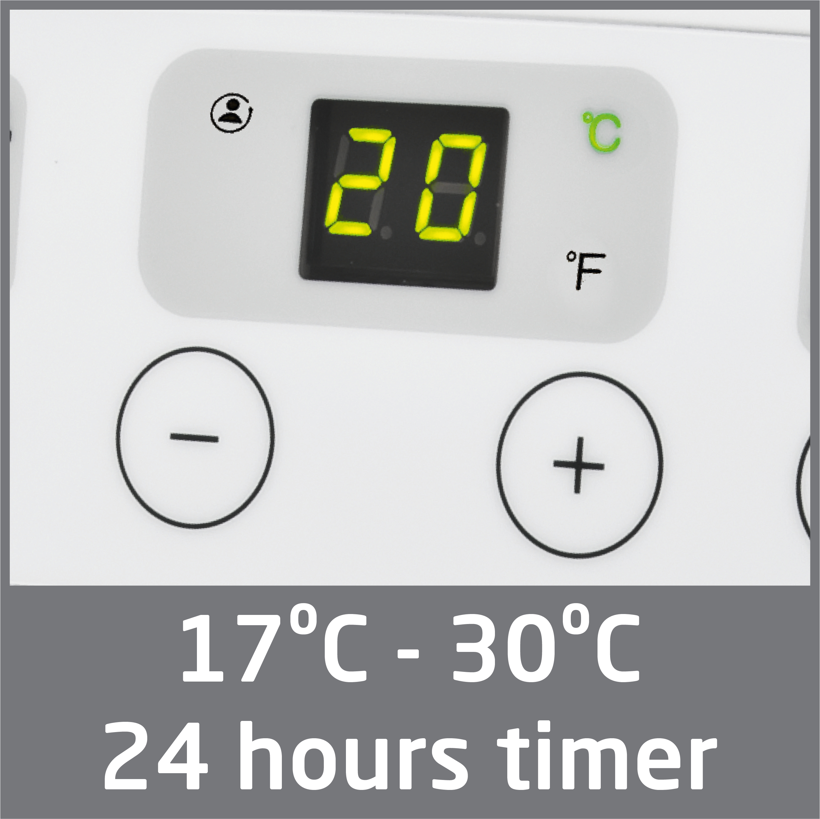 Ein weißes Bedienfeld mit digitaler Anzeige, die 20°C anzeigt. Es gibt Plus- und Minus-Tasten.