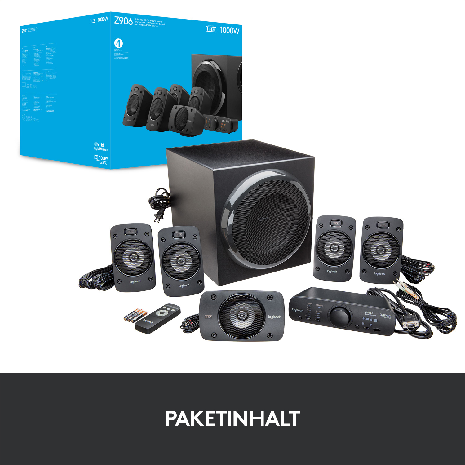 Ein schwarzer Subwoofer mit Lautsprechern und einer Fernbedienung. Eine Box zeigt das Produkt. Das Wort PAKETINHALT steht unten.