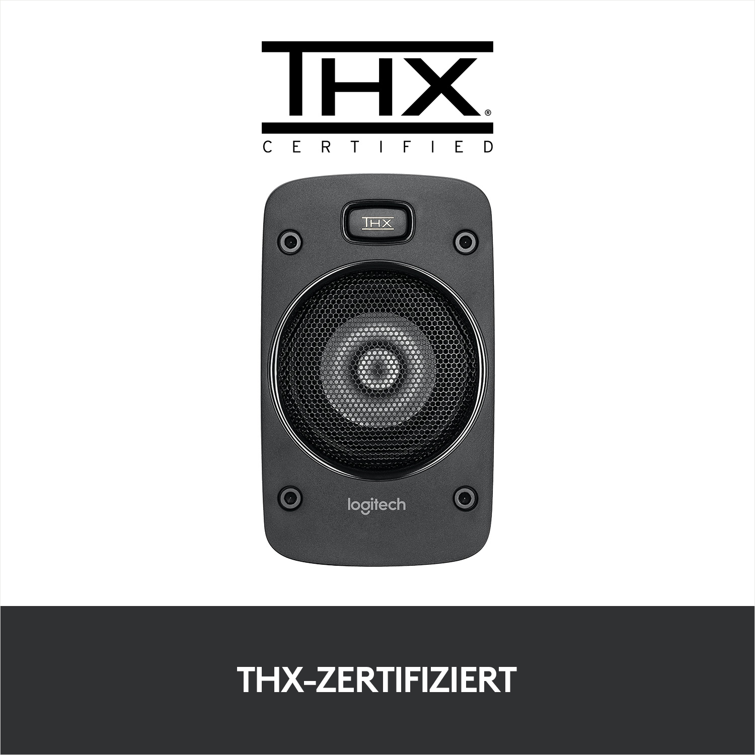 Schwarzer Logitech-Lautsprecher mit THX-Zertifizierung. THX-Logo und THX-ZERTIFIZIERT-Text.