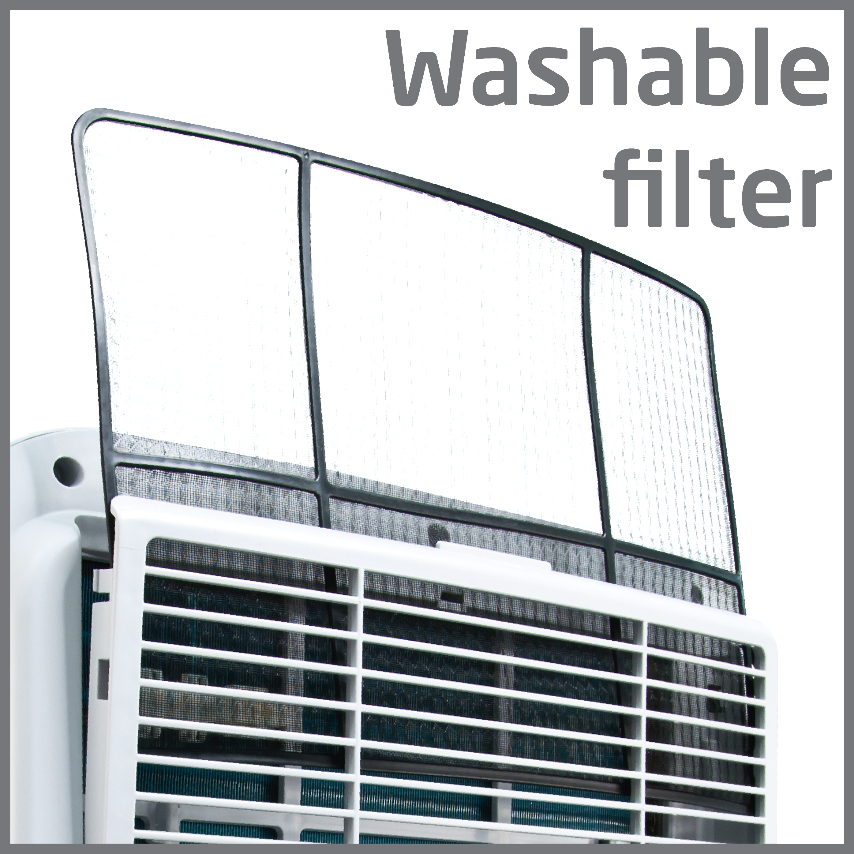 Luftfilter mit Text 'Waschbarer Filter'.