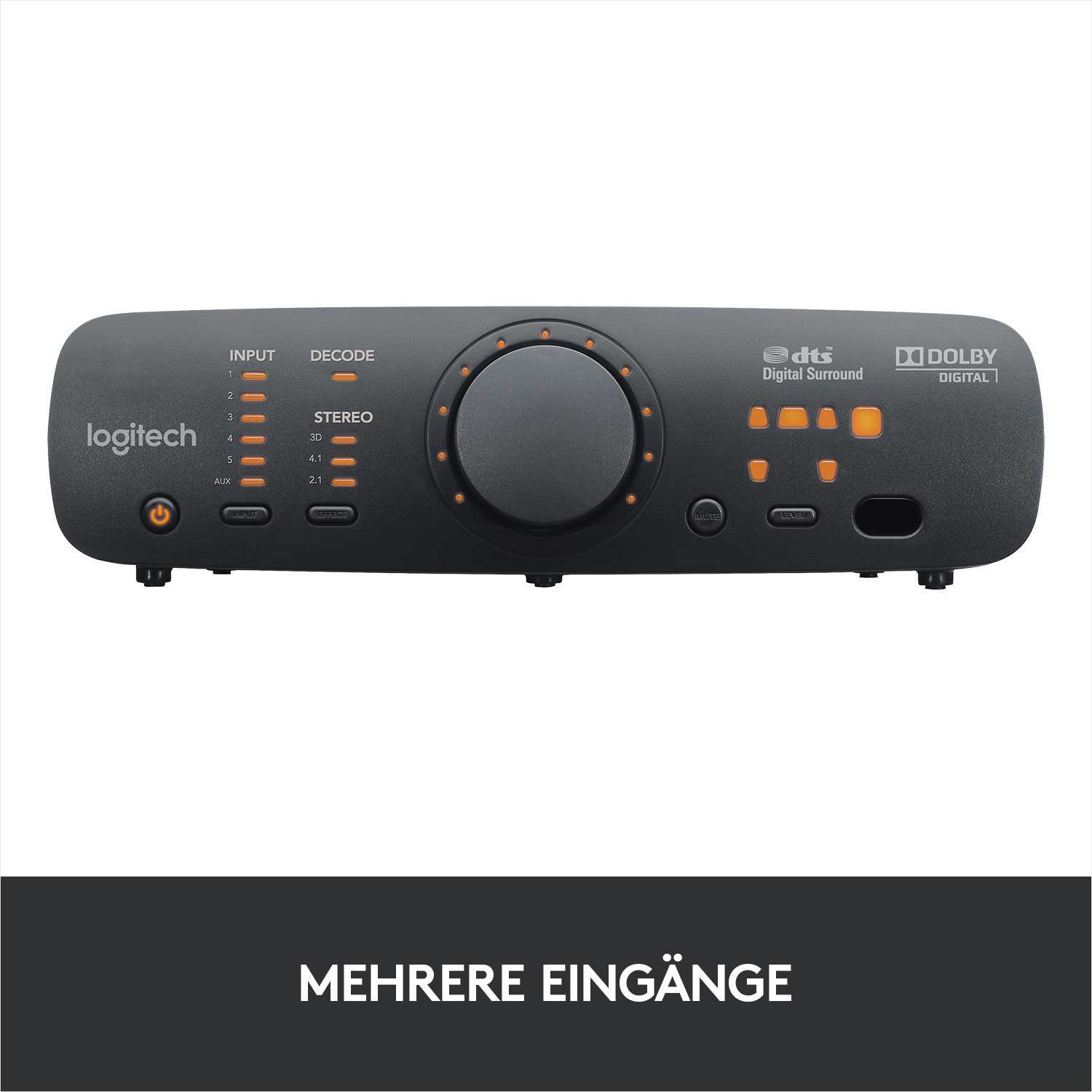 Schwarzer Logitech Audio-Receiver mit Knöpfen und einem zentralen Drehregler, Text 'MEHRERE EINGÄNGE'.