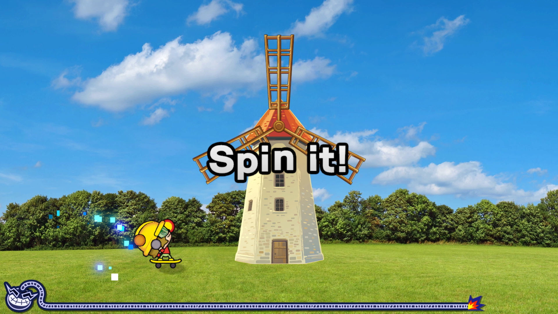 Eine Windmühle mit dem Text Spin it!. Eine Figur auf einem Skateboard befindet sich im Vordergrund.