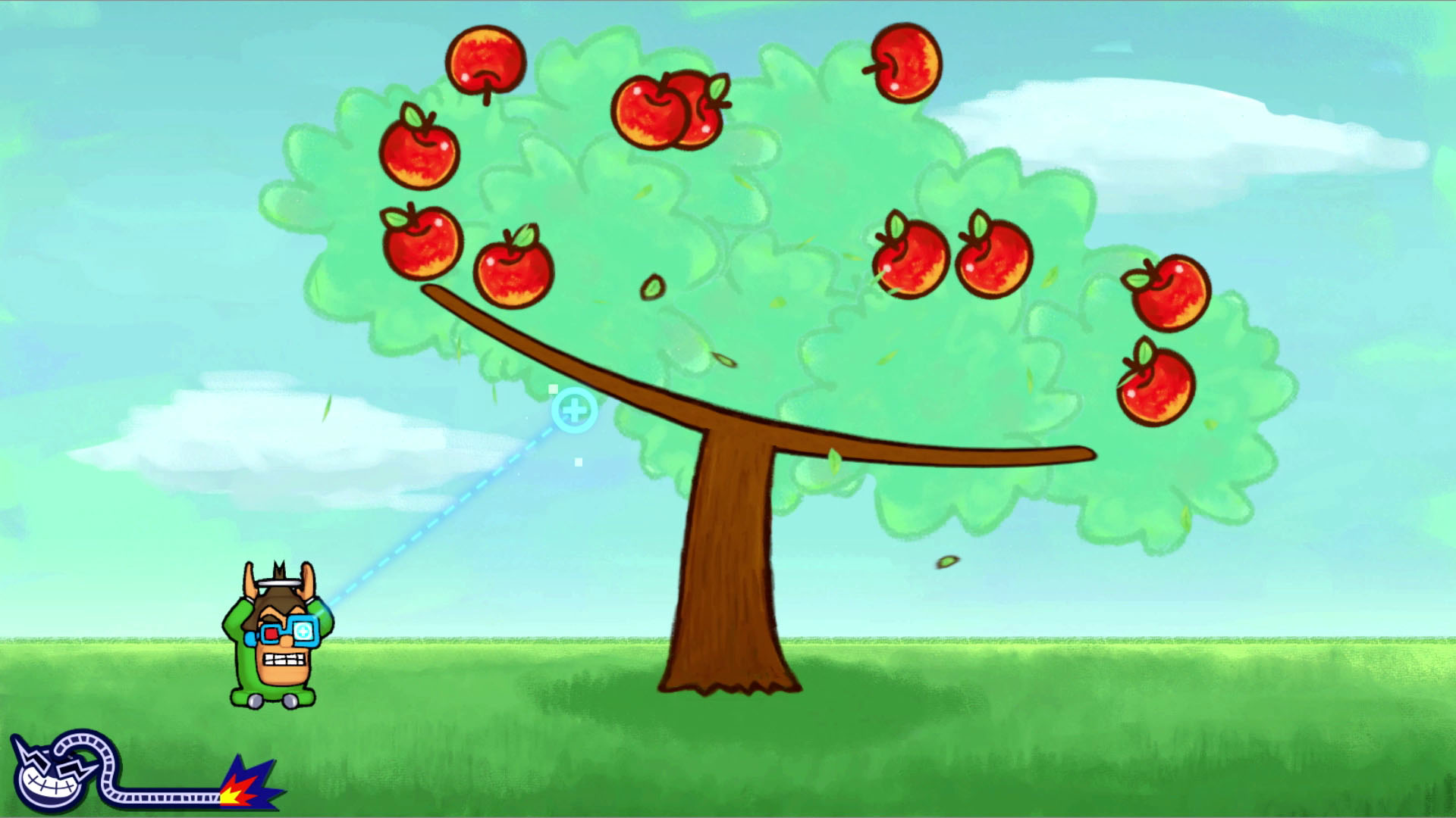Cartoon-Szene eines Monsters, das mit einer Strahlenkanone Äpfel von einem Baum schießt.