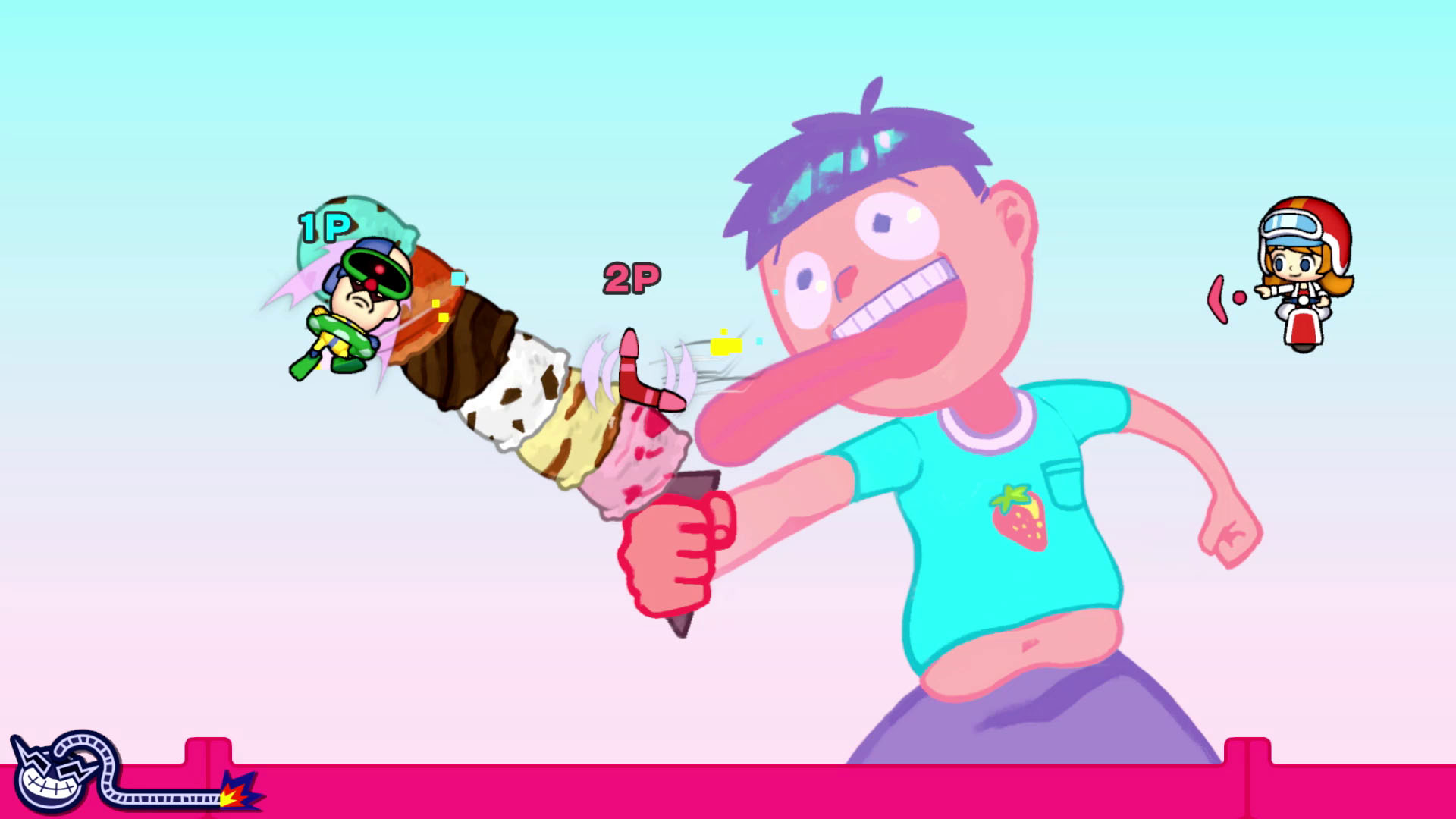Cartoonbild eines Kindes, das ein riesiges Eis isst. Eine zweite Figur zielt mit einem Laser.
