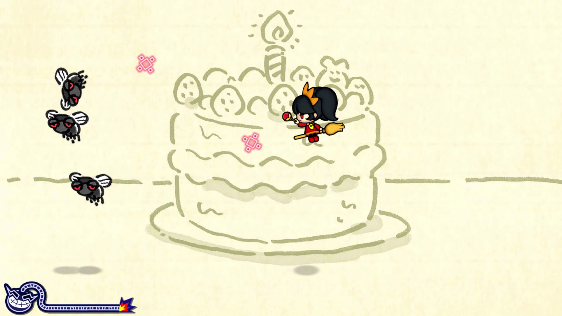 Cartoon-Szene. Ein Mädchen auf einem Besen fliegt über einen Kuchen. Fliegen sind herum. Gelbe und rosa Details.