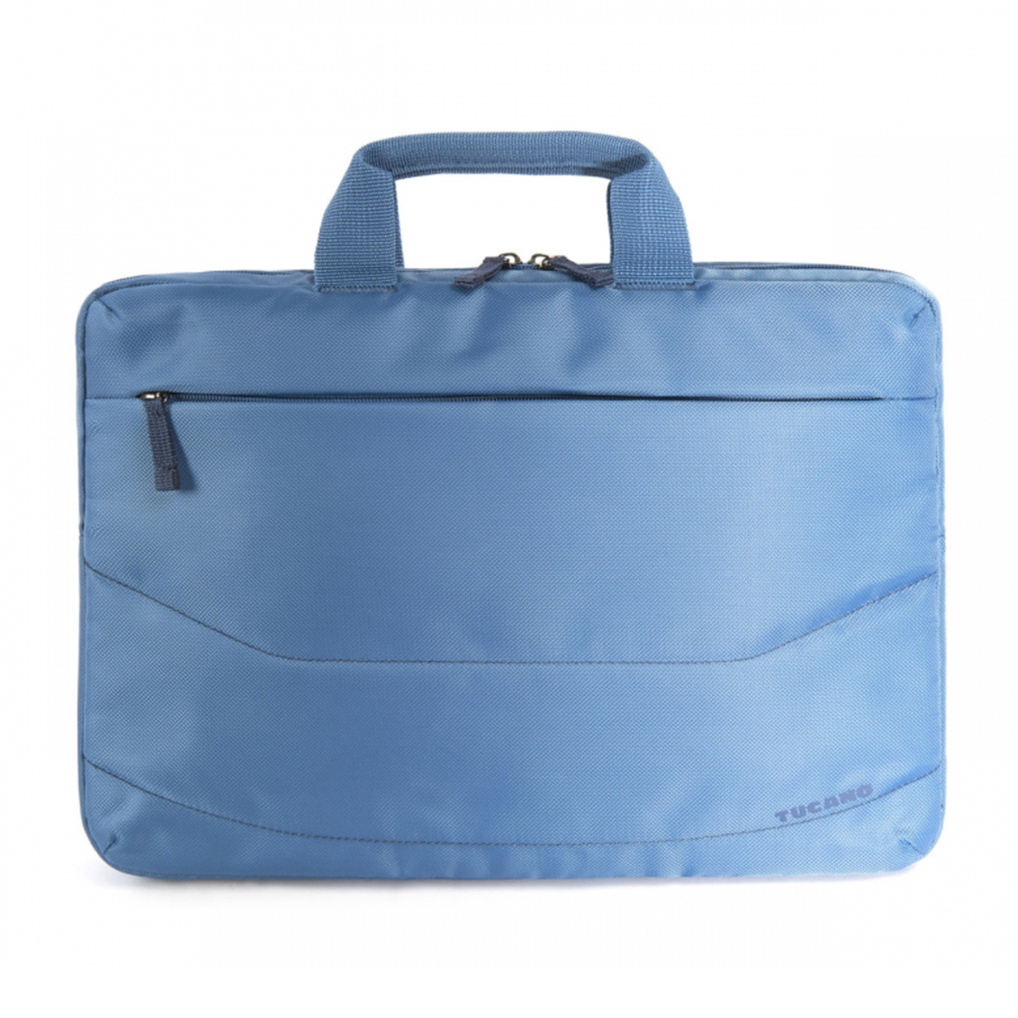 Una borsa per laptop Tucano blu. Ha un manico, una cerniera e un design semplice.