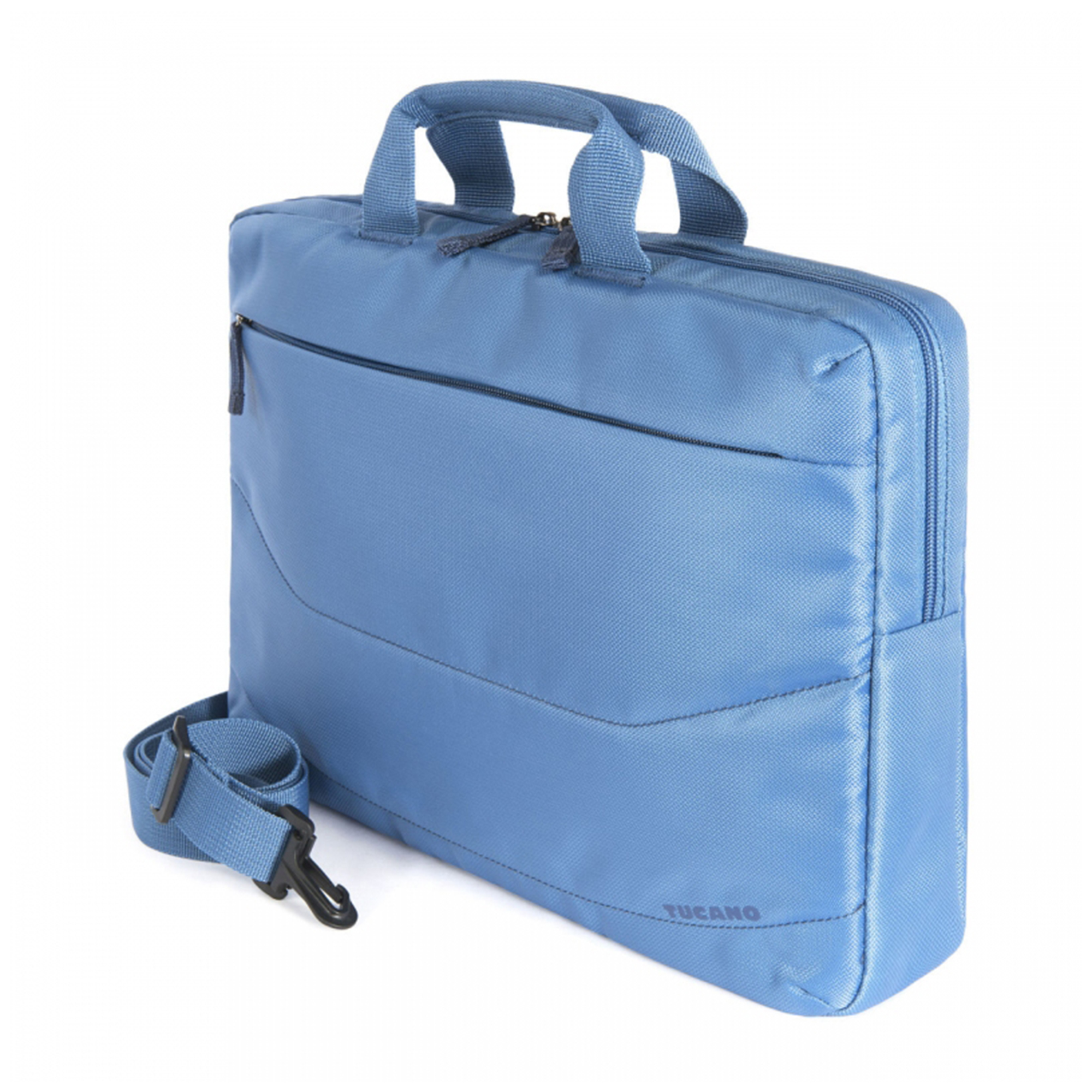 Borsa blu per laptop con manico e tracolla, con cerniera, su sfondo bianco.