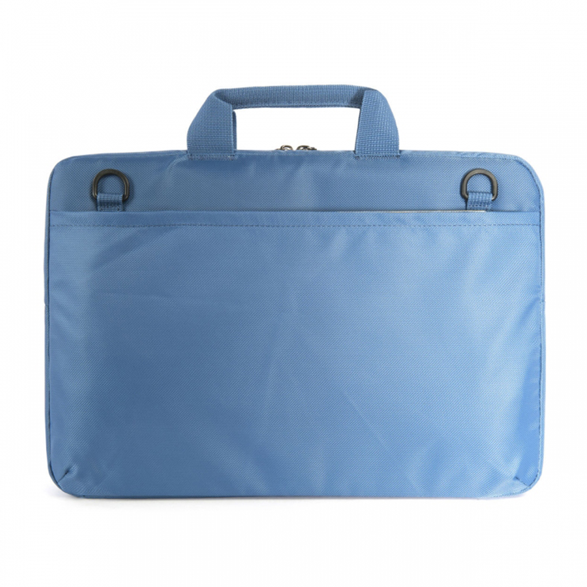 Borsa blu per laptop con maniglia e anelli per tracolla, su sfondo bianco.