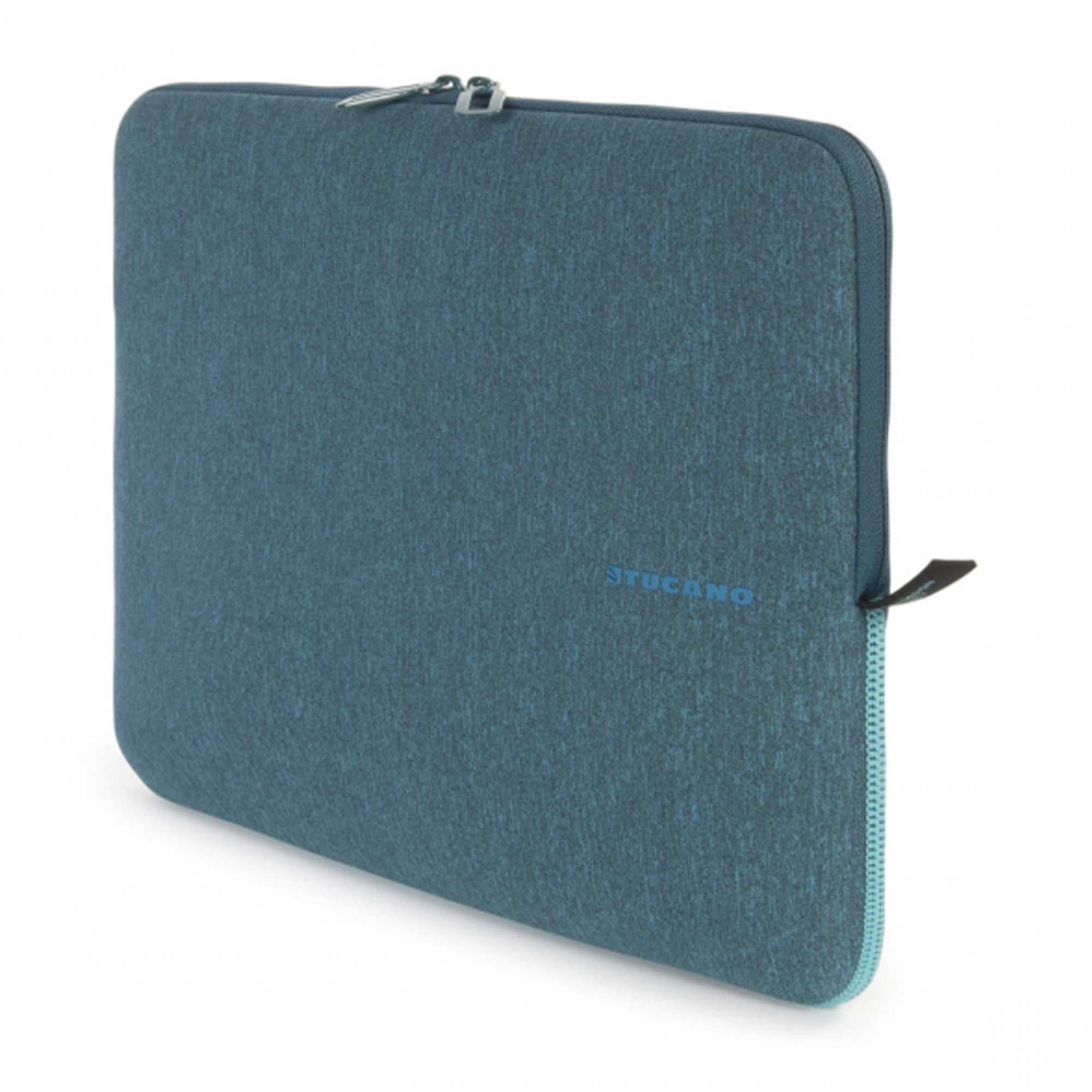 Una custodia blu per laptop con cerniera e il marchio Tucano.