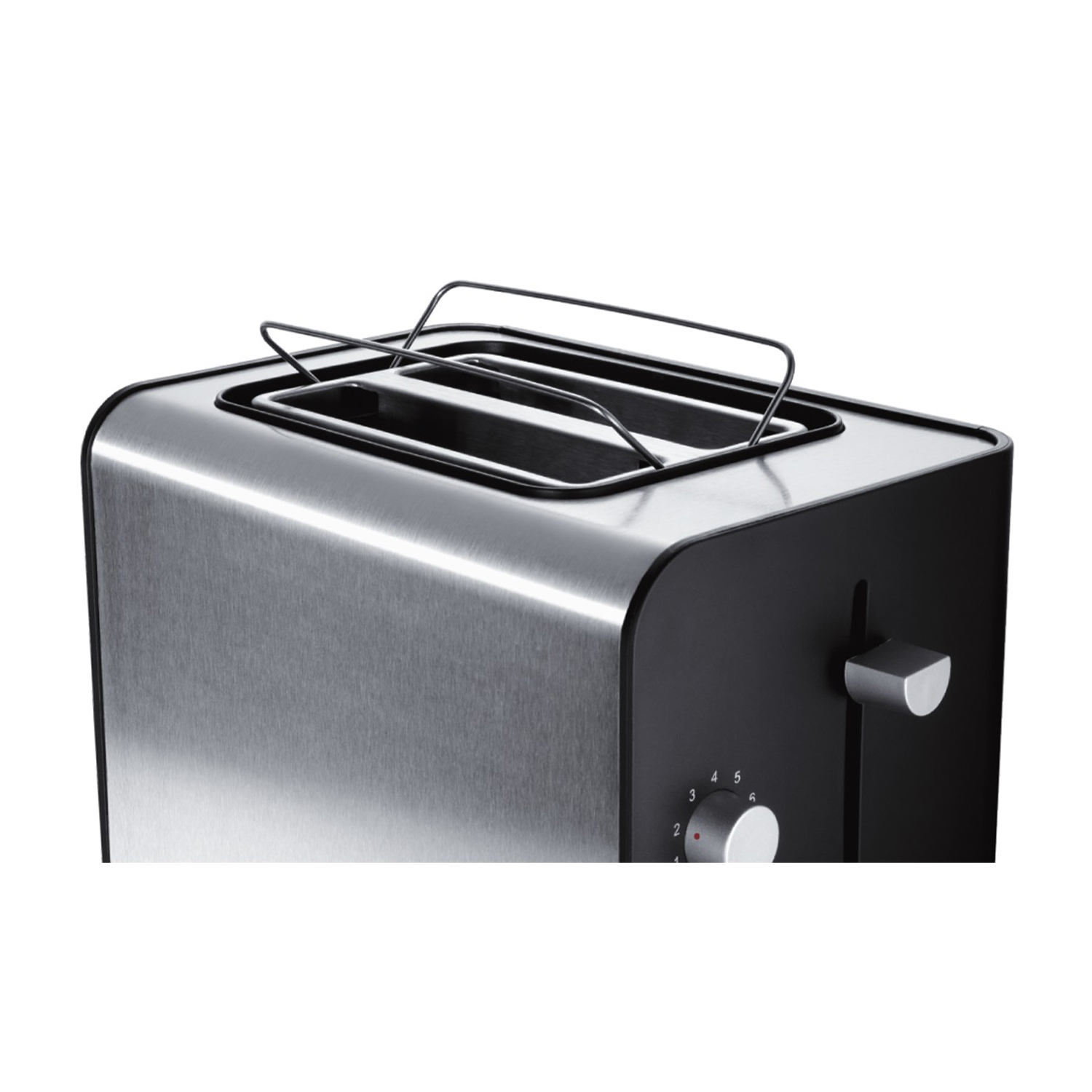 Un tostapane in acciaio inox e nero con leva e quadrante.