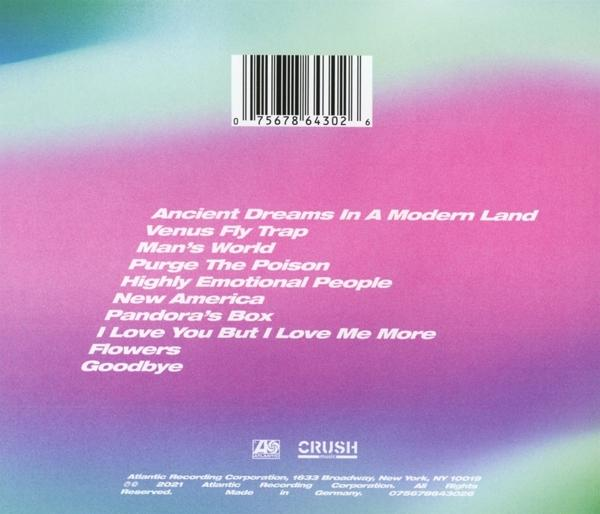 Egy CD hátlapja egy számlistával és vonalkóddal, lila és rózsaszín gradiens háttérrel.