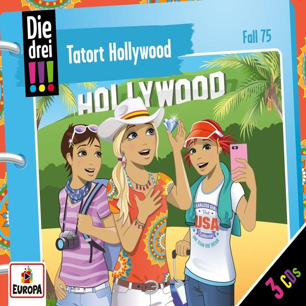 Buchcover mit drei Mädchen vor dem Hollywood-Zeichen auf blauem Hintergrund.
