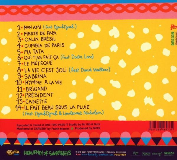 Die Rückseite einer CD mit farbenfrohem Design und Trackliste. Der Titel ist auf Französisch.