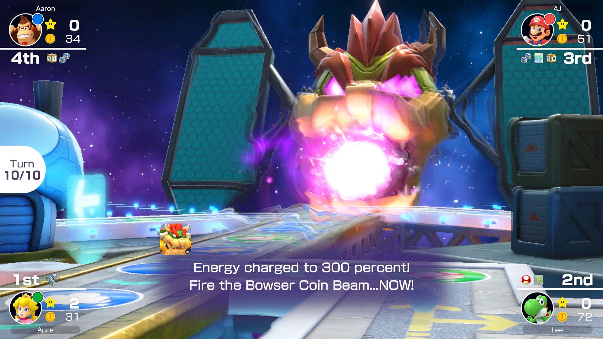 Ein Mario Party-Spielbildschirm mit Bowser und anderen Charakteren in kosmischer Umgebung.