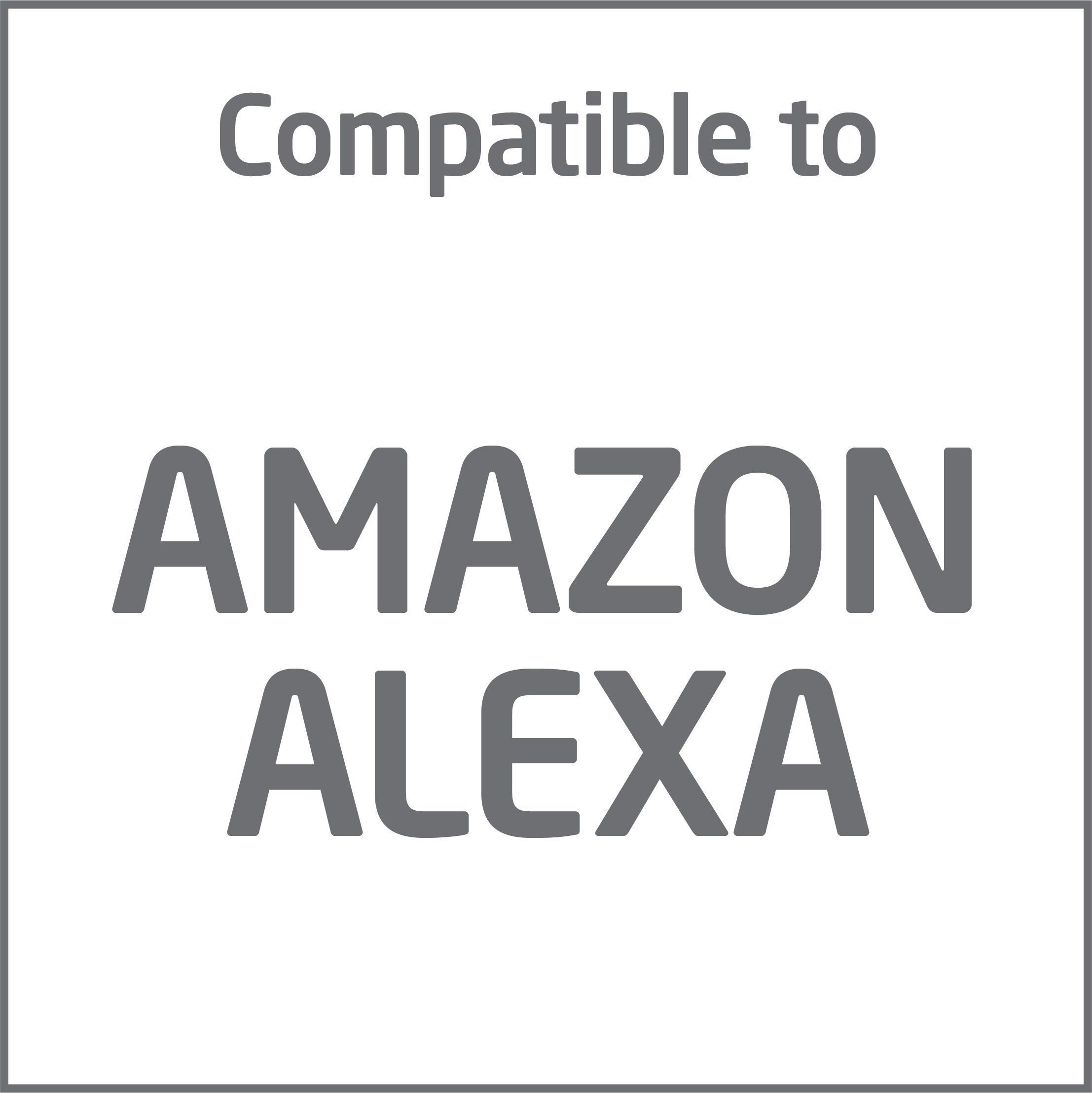 Text auf weißem Hintergrund: 'Compatible to AMAZON ALEXA' in grauer, serifenloser Schrift.