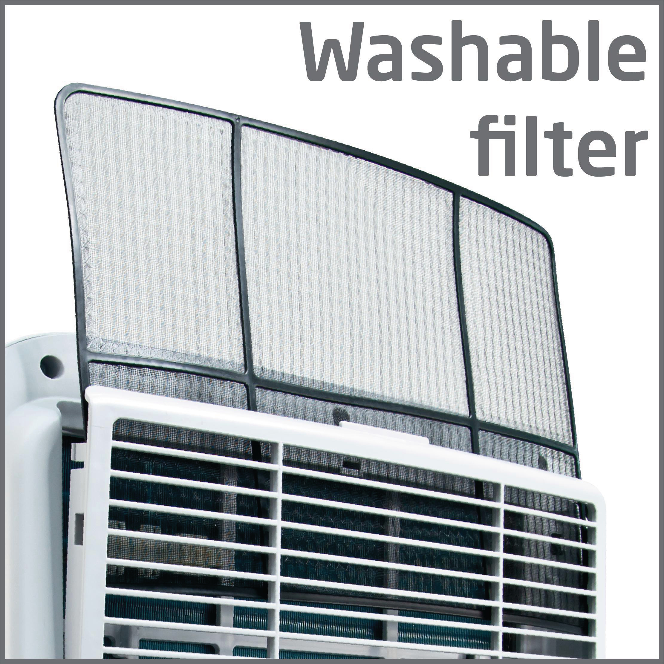 Nahaufnahme eines Klimaanlagenfilters mit der Aufschrift 'Waschbarer Filter'.