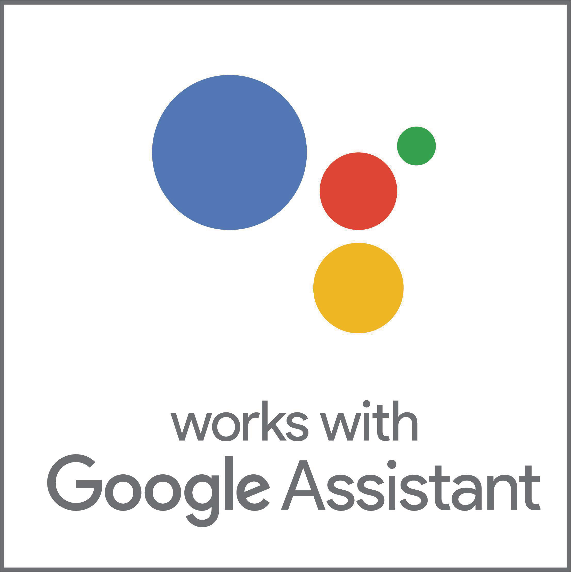 Logo: Farbige Kreise mit Text 'works with Google Assistant'.