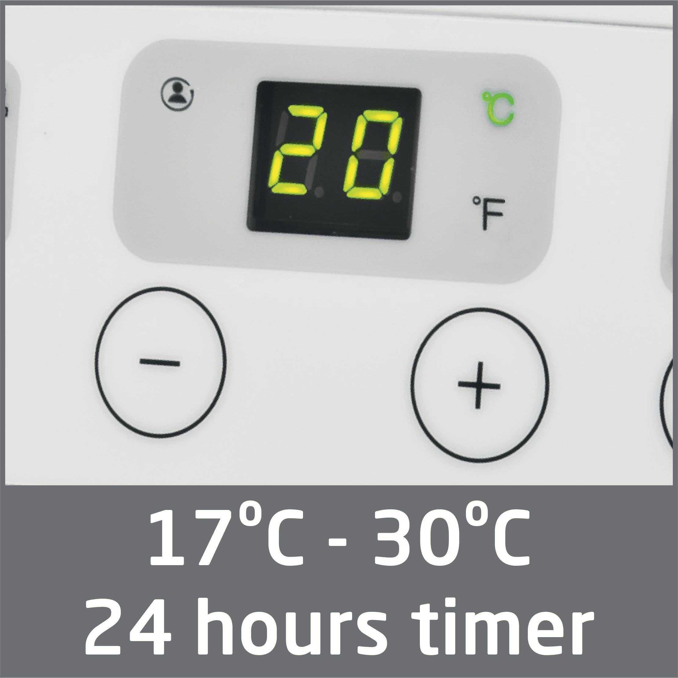 Nahaufnahme eines digitalen Bildschirms mit der Temperatur 20 °C und den Schaltflächen.