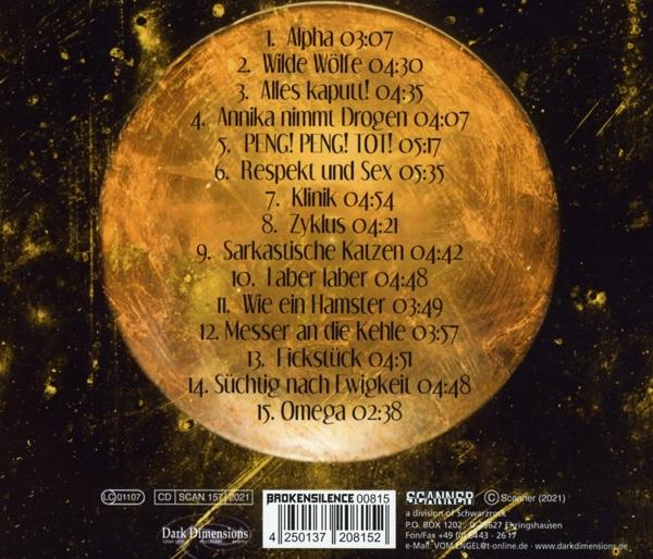 CD-Cover mit goldfarbenem Hintergrund. Der Text listet Songtitel auf. Dark Dimensions Logo.