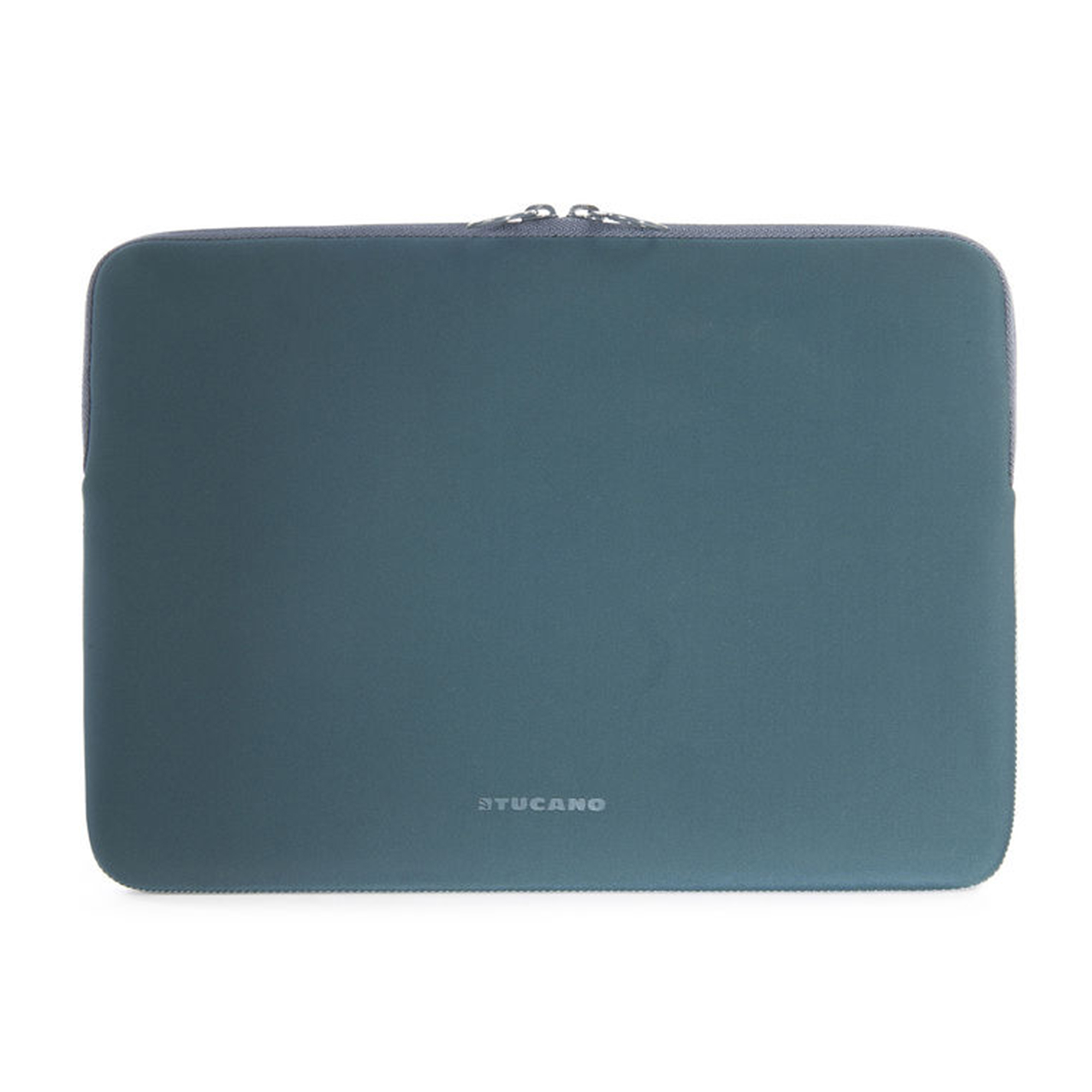 Una custodia per laptop verde acqua con cerniera e la scritta 'TUCANO' sul davanti.