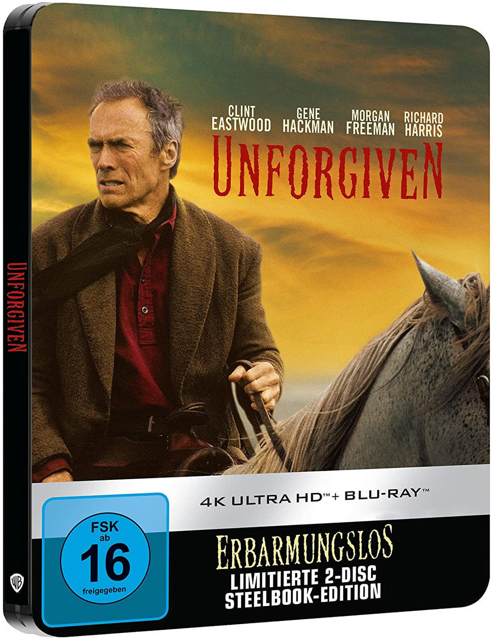 Filmcover: Clint Eastwood auf einem Pferd, Titel 'Unforgiven'.