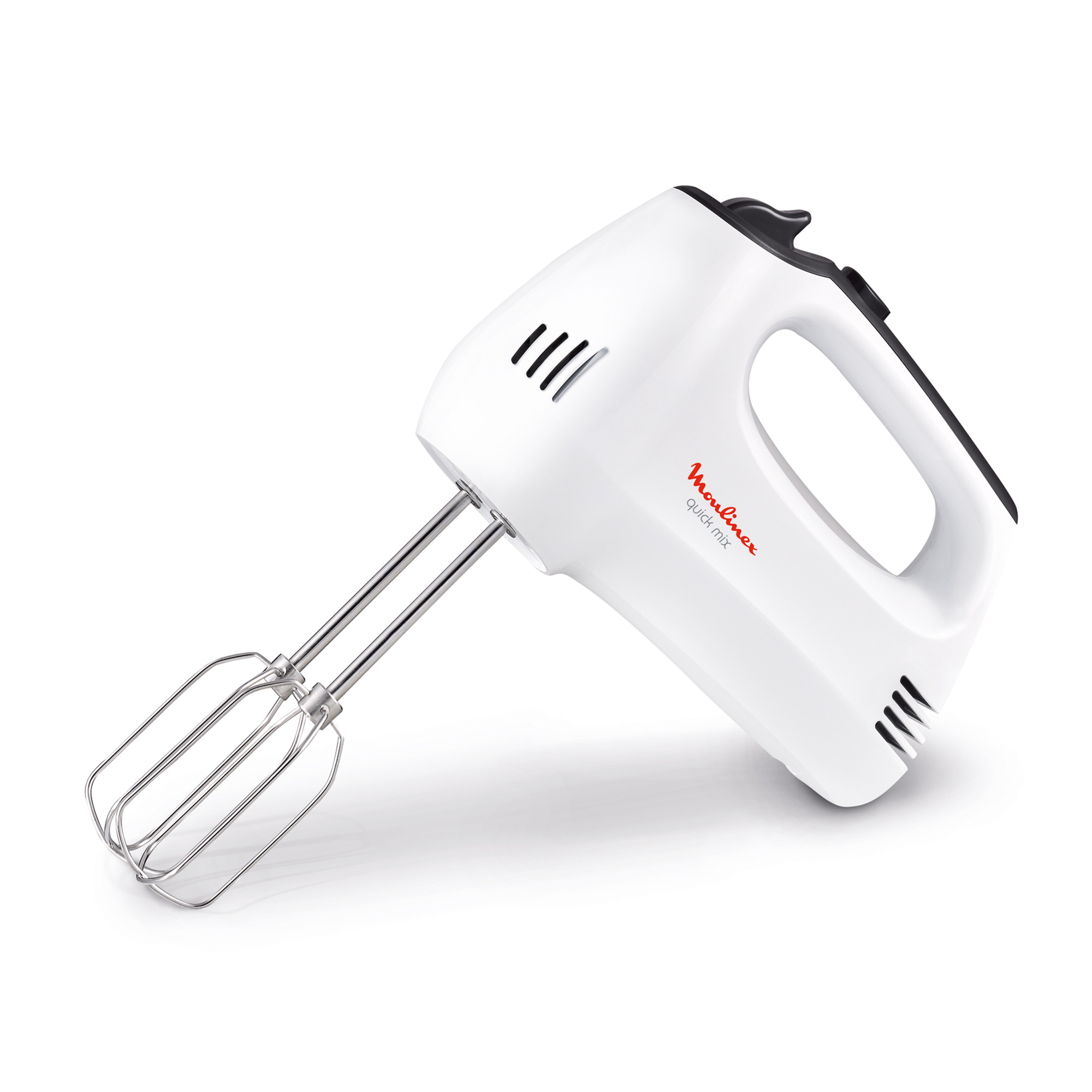 Frullatore a mano Moulinex bianco con fruste, su sfondo bianco, scatto angolato.