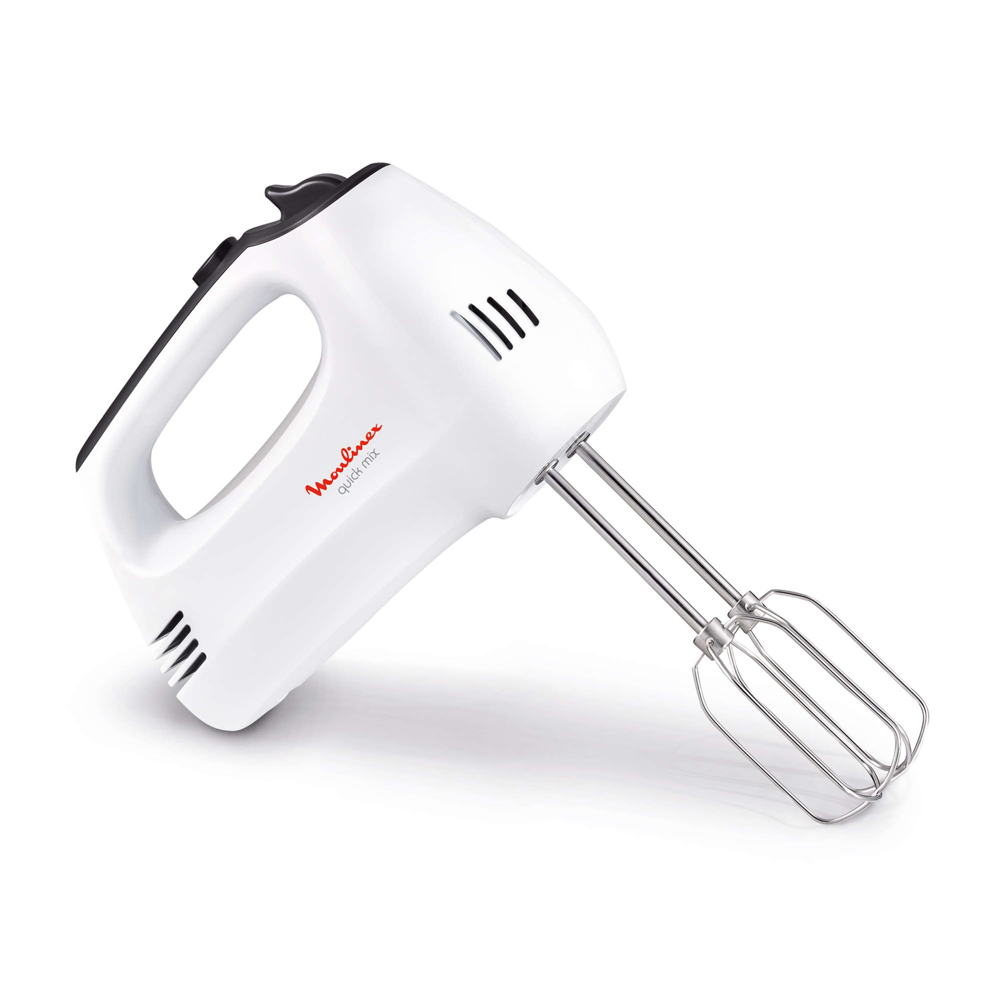 Un frullatore a mano Moulinex Quick Mix bianco con dettagli neri e fruste in acciaio inox.