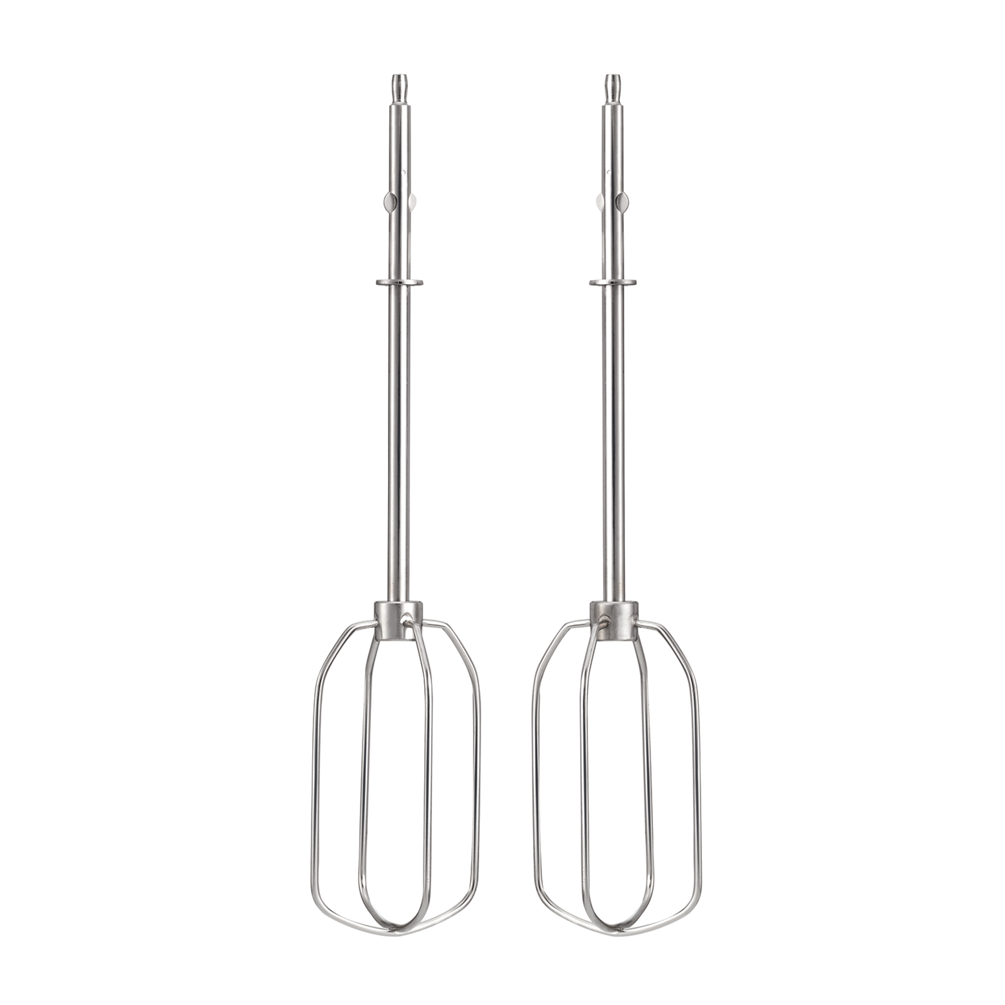 Due accessori miscelatori argentati per un frullatore a immersione su sfondo bianco. Gli accessori sono simili.