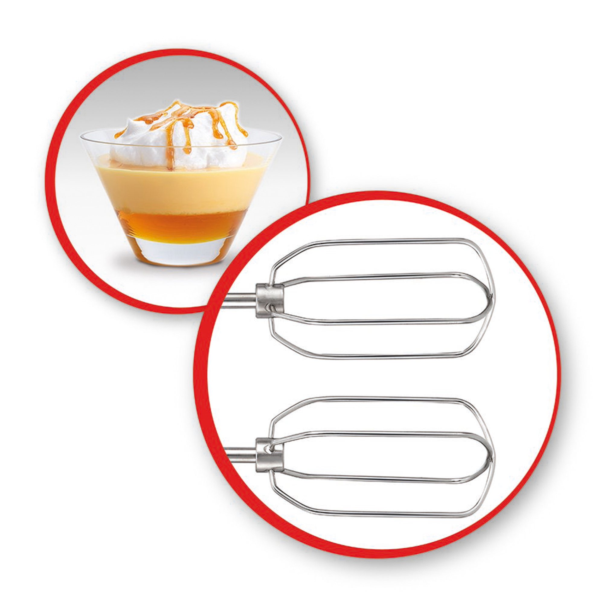 Dessert in un bicchiere e accessori per mixer. Contorno cerchio rosso.