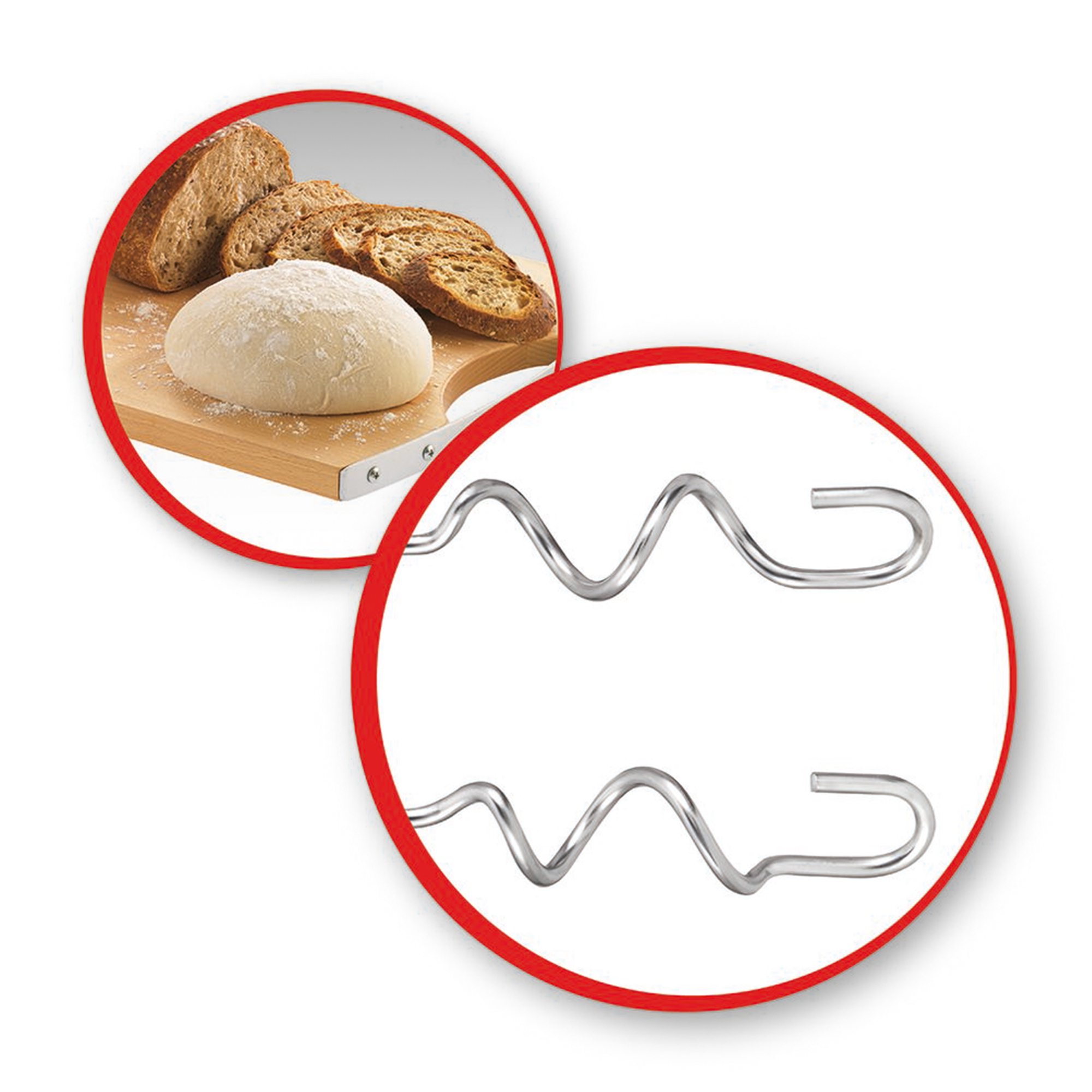 Primo piano dell'impasto e degli accessori del mixer. Impasto su tagliere. Cerchio rosso attorno al mixer.