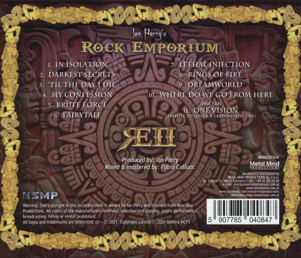 Rückseite einer CD mit Titelliste und Logo. Brauner, verzierter Hintergrund.