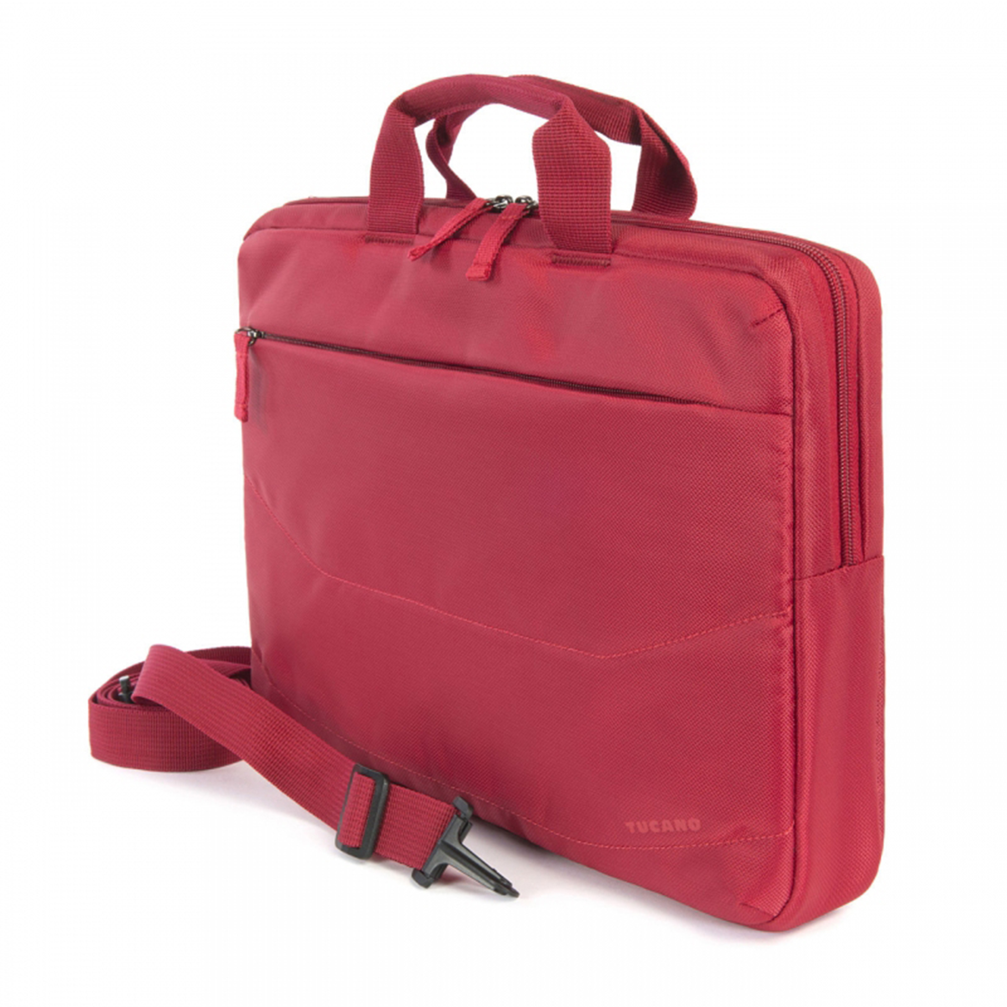 Una borsa rossa per laptop con tracolla, maniglia e tasca frontale.