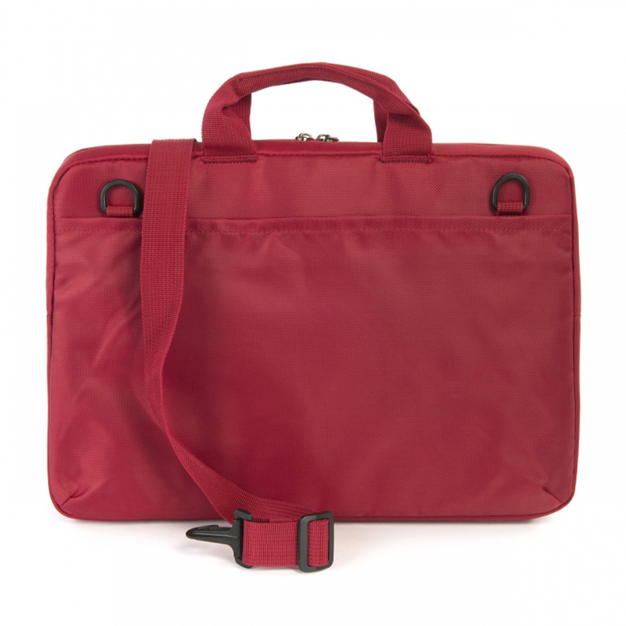 Borsa rossa per laptop con tracolla. Maniglia e attacchi per cinturino neri. Sfondo bianco.