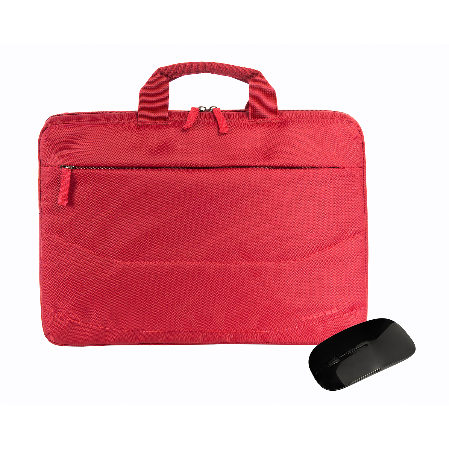 Borsa per laptop rossa con manico e un mouse nero accanto.