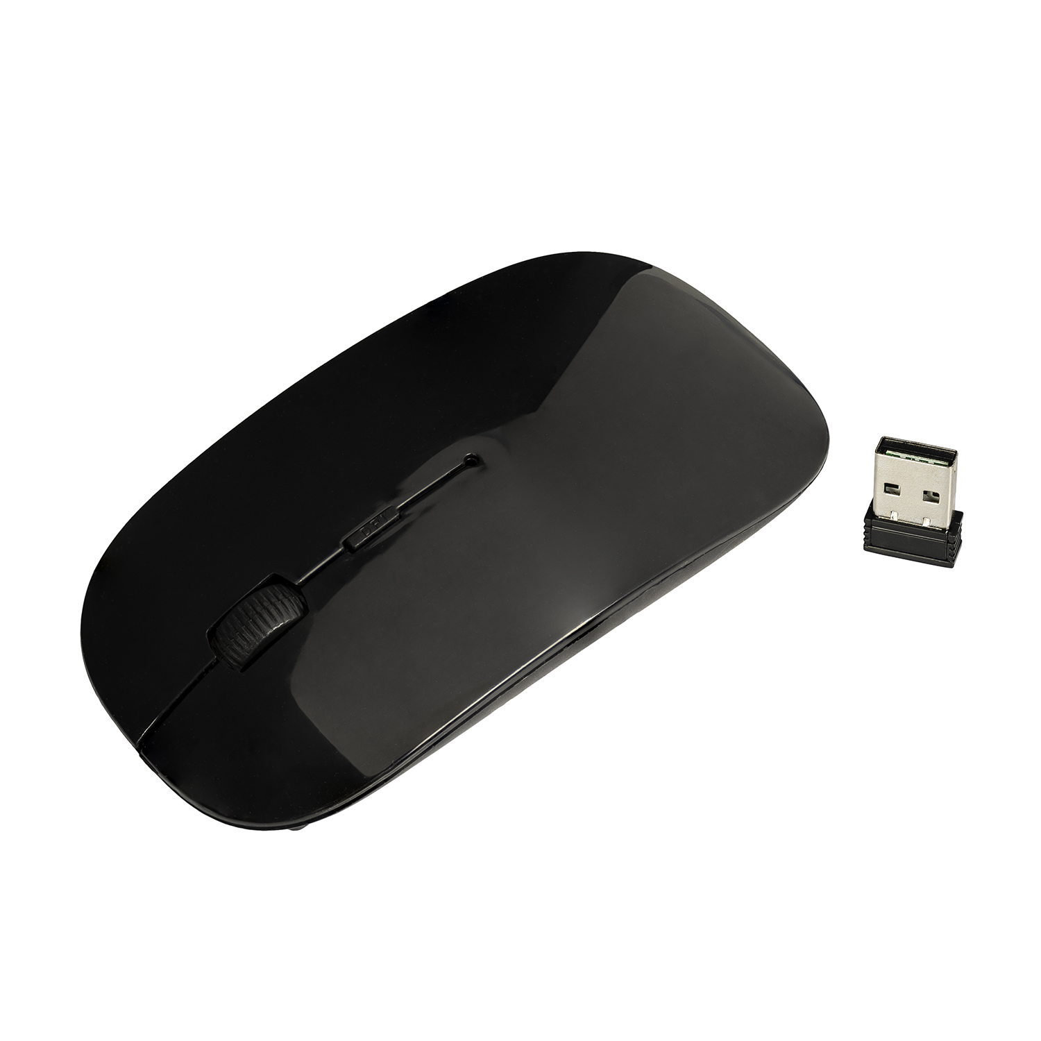 Un mouse wireless nero con rotella e ricevitore USB.