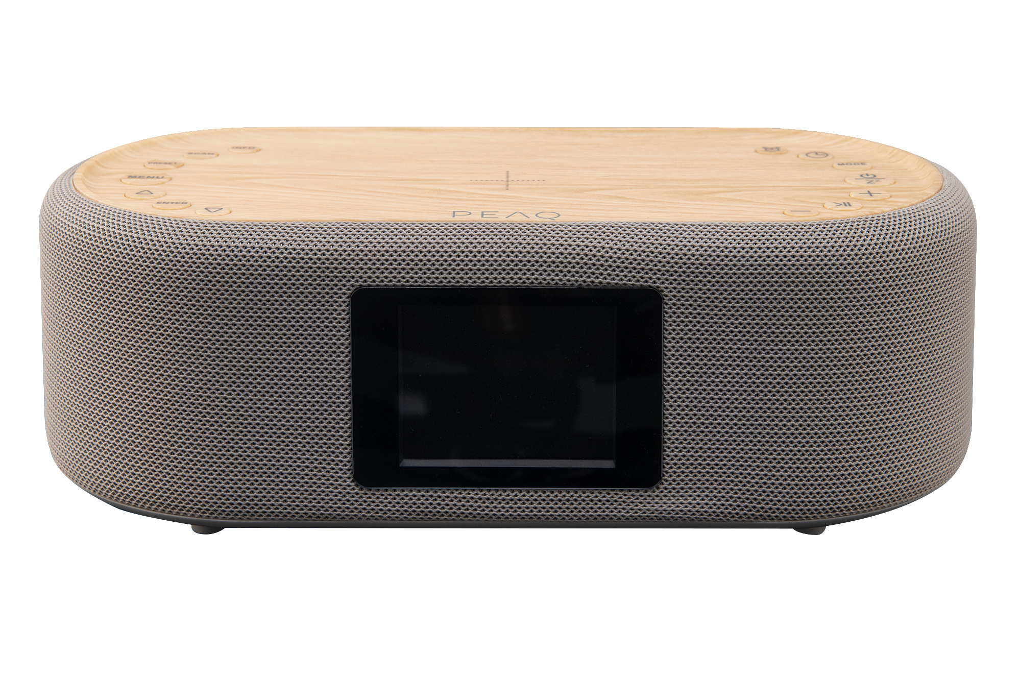 Schwarzer und grauer Audiolautsprecher mit Holzplatte und Bildschirm in der Mitte.